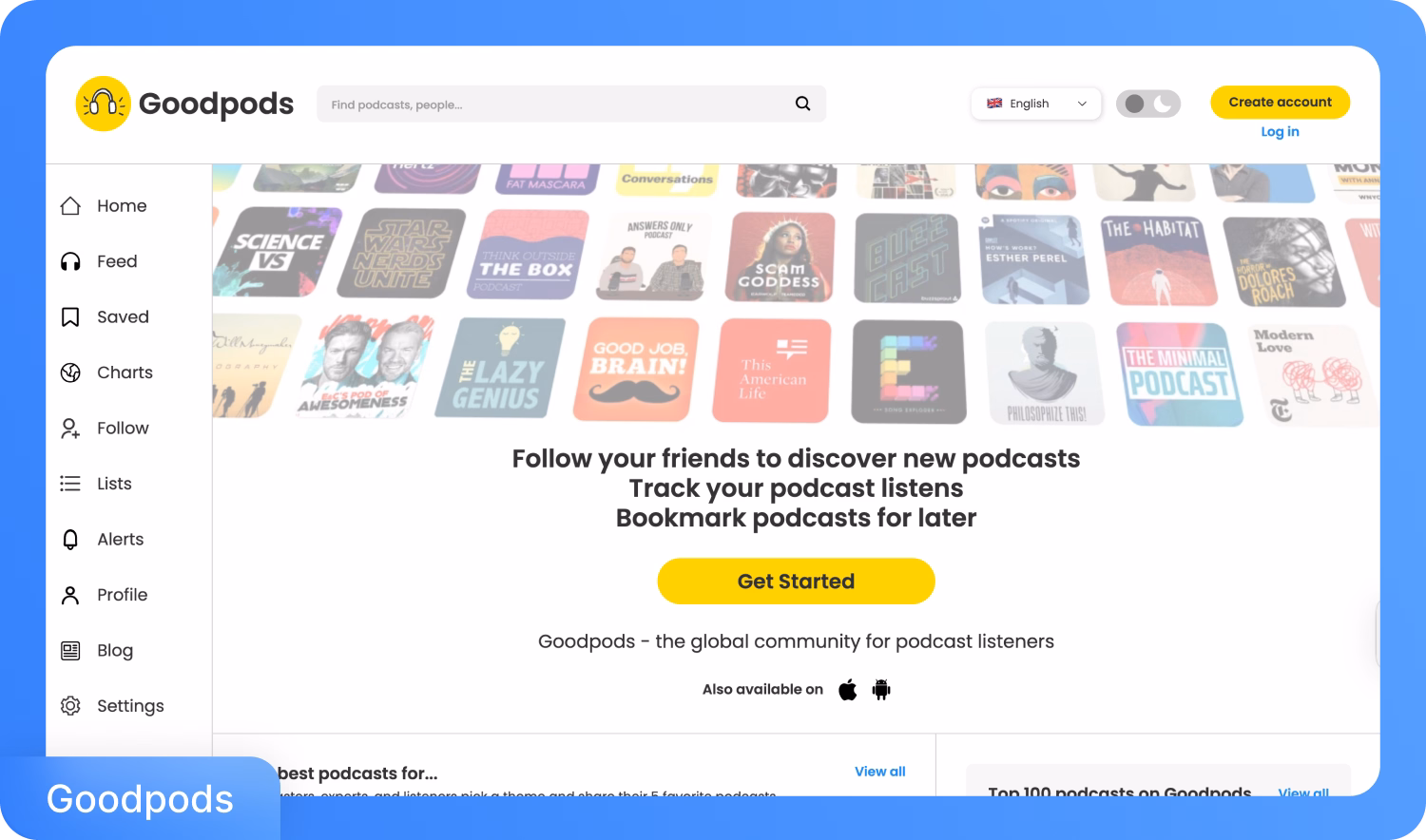 Goodpods podcast platform-interface met ontdekkingsfuncties.
