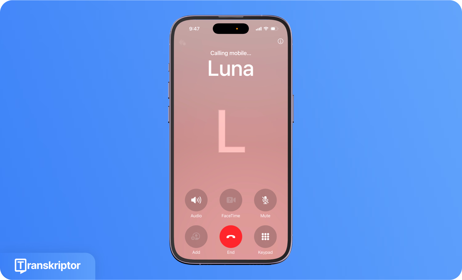 루나 연락처와 함께 활성 통화 타이머가 표시된 iOS 통화 인터페이스