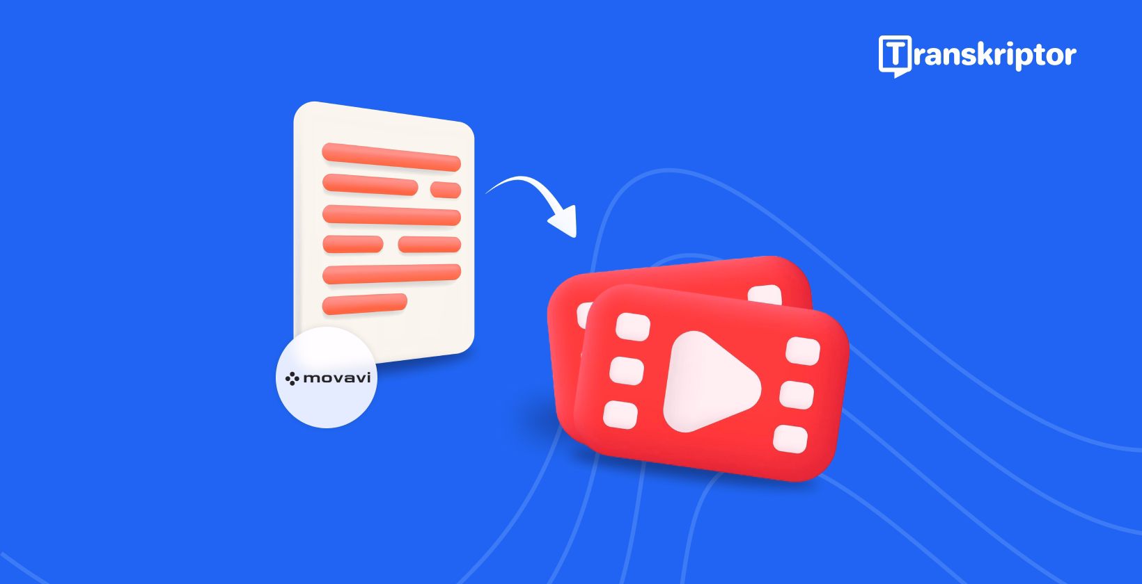 Document texte se transformant en format vidéo avec logo Movavi et icône YouTube sur fond bleu