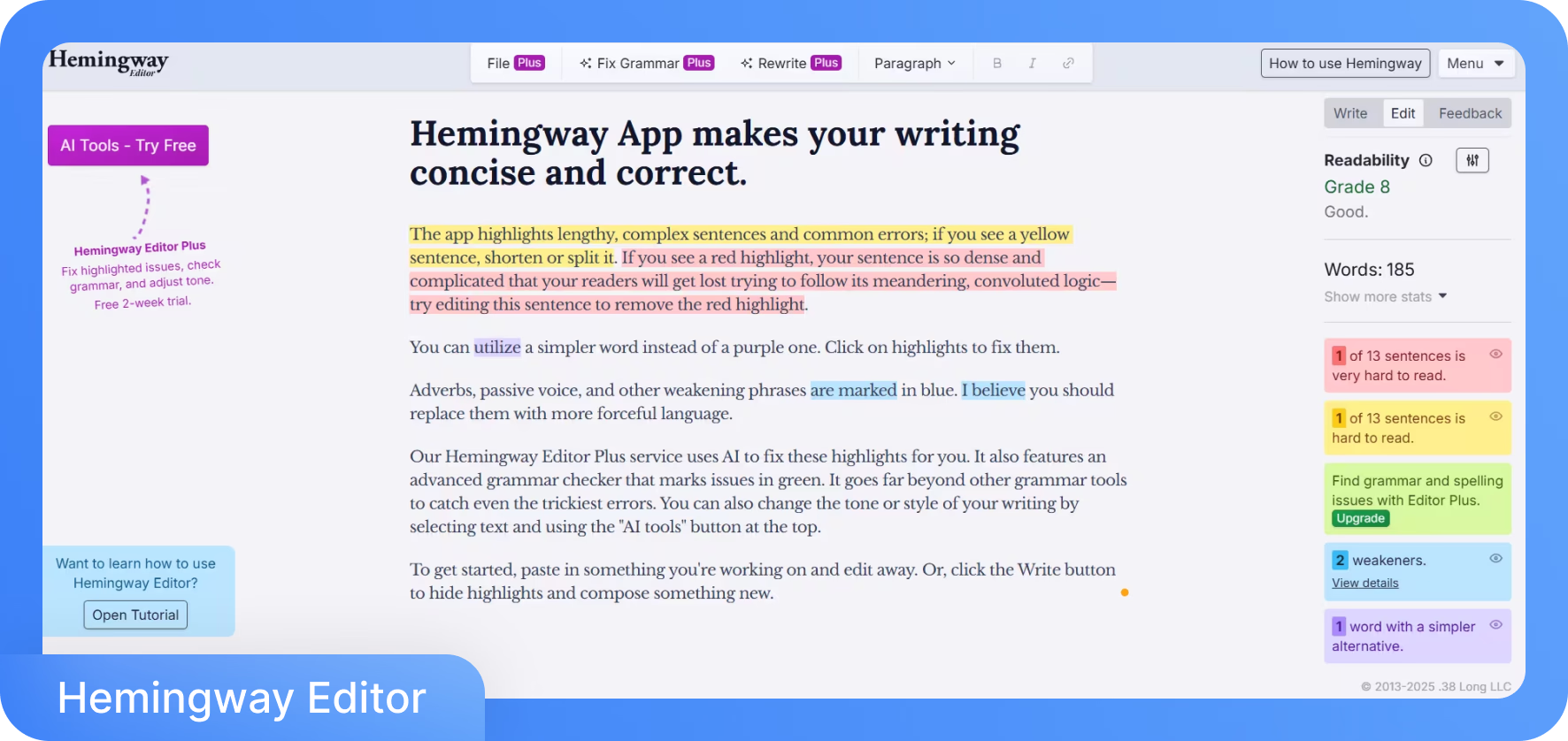 Interface de l'éditeur Hemingway montrant du texte avec des surlignages colorés indiquant des améliorations d'écriture