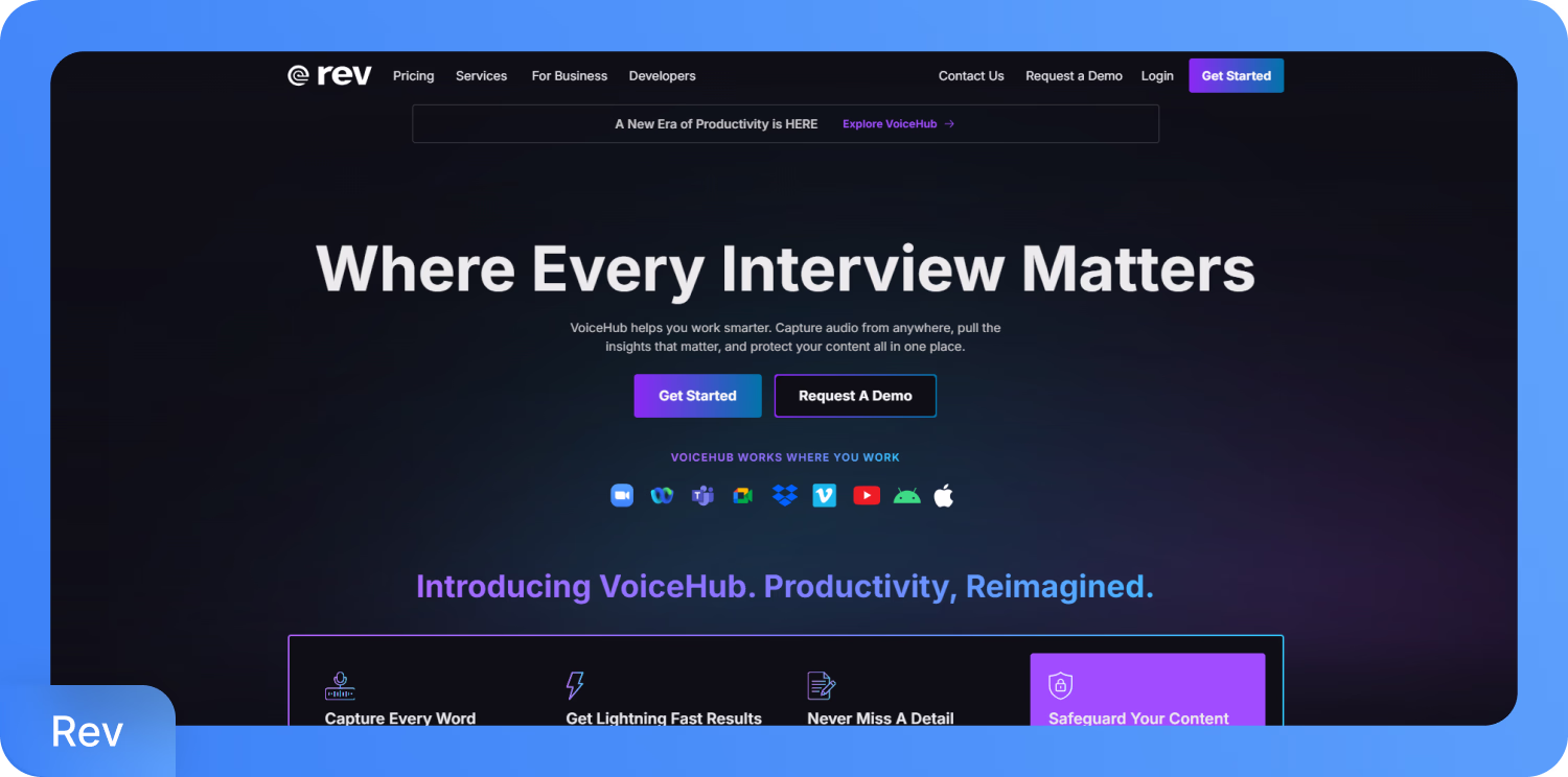 פלטפורמת VoiceHub של Rev המציגה תמלול ראיונות וכלי פרודוקטיביות