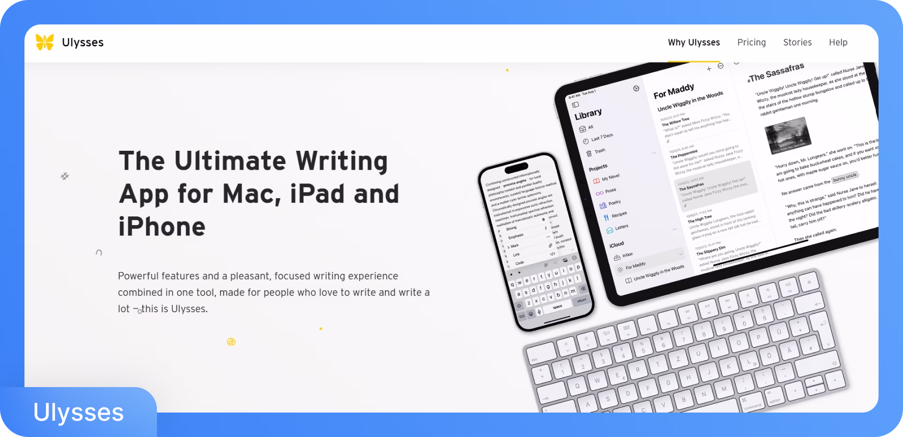 Application d'écriture Ulysses affichée sur plusieurs appareils avec un exemple de manuscrit visible