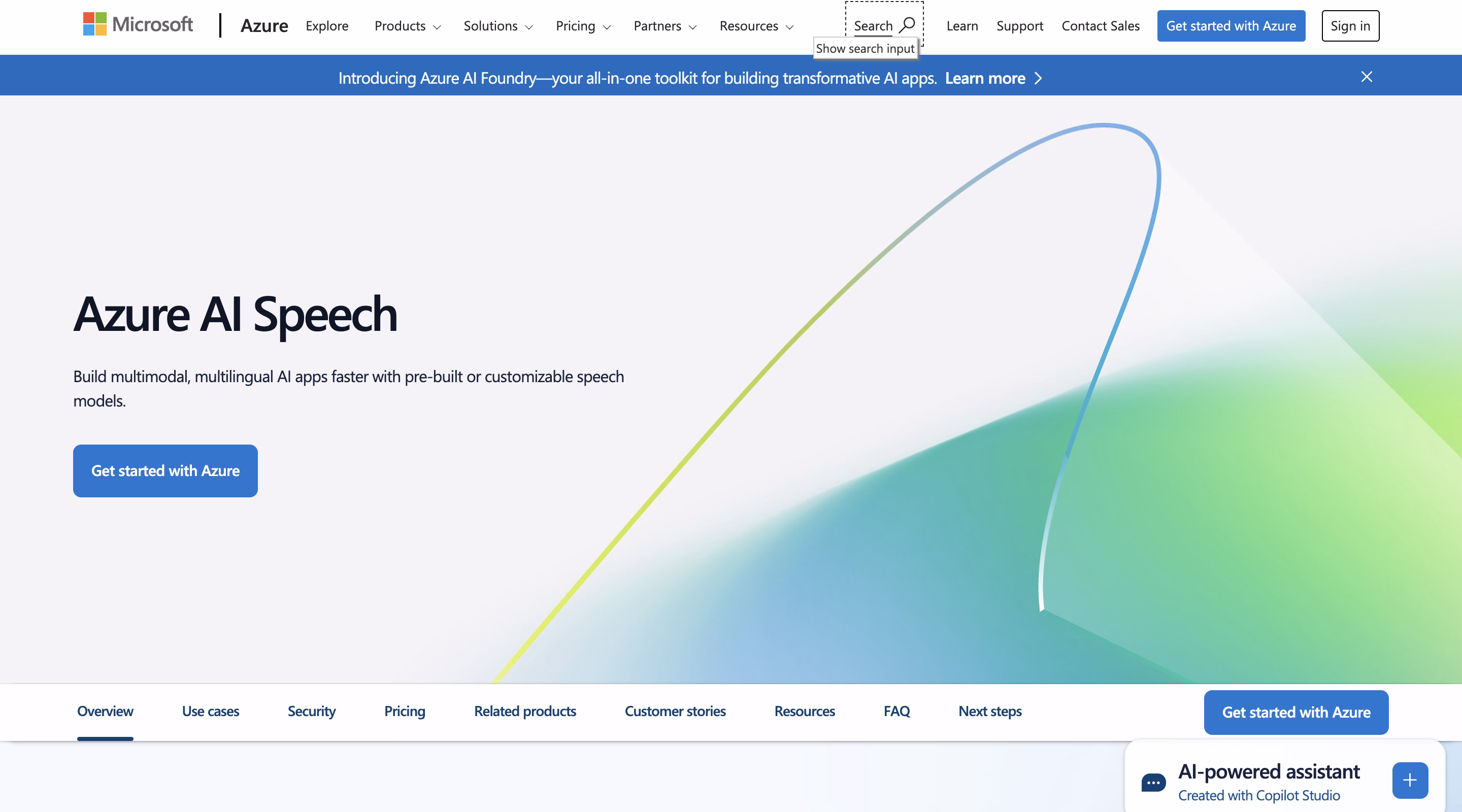 Microsoft Azure AI Speech Services होमपेज जो बहु-मोडल क्षमताओं को दिखाता है