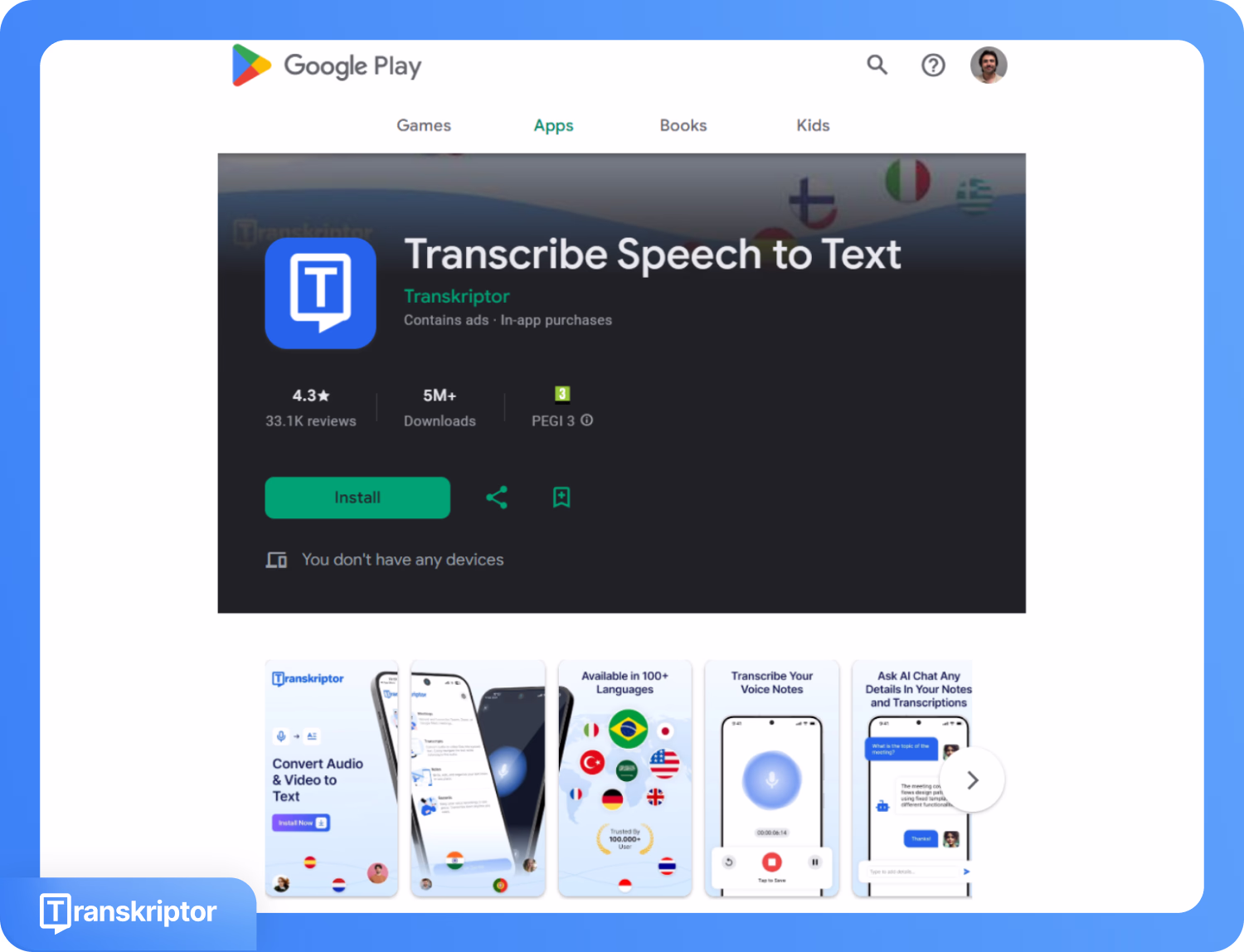 Google Play parduotuvės puslapis, rodantis Transkriptor kalbos į tekstą programą su įdiegimo mygtuku