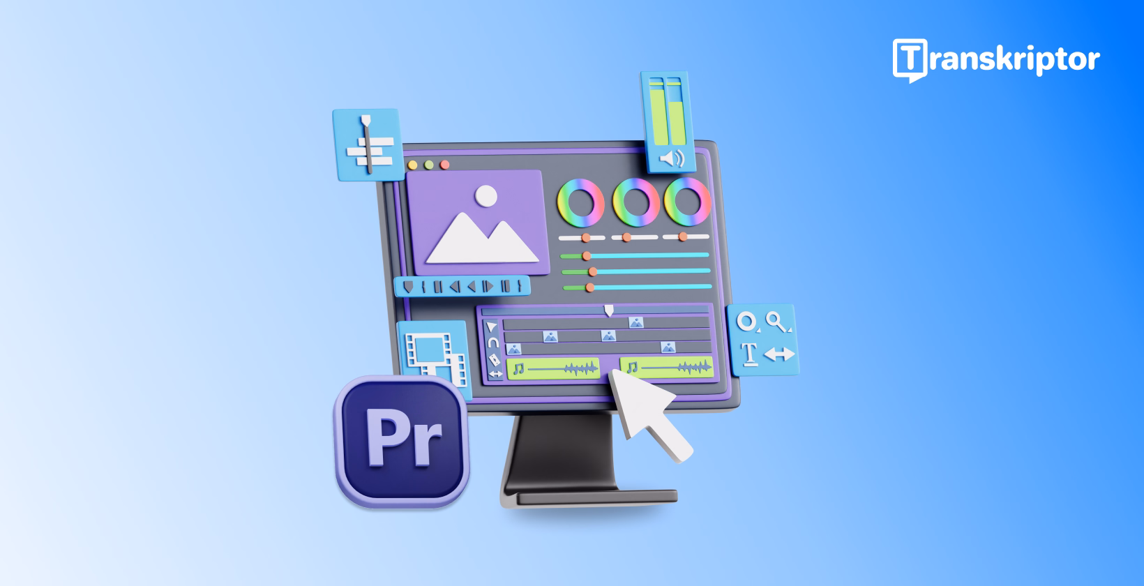 Interface do Adobe Premiere Pro mostrando ferramentas de sobreposição de texto com linha do tempo e formas de onda de áudio para transcrição de podcast.
