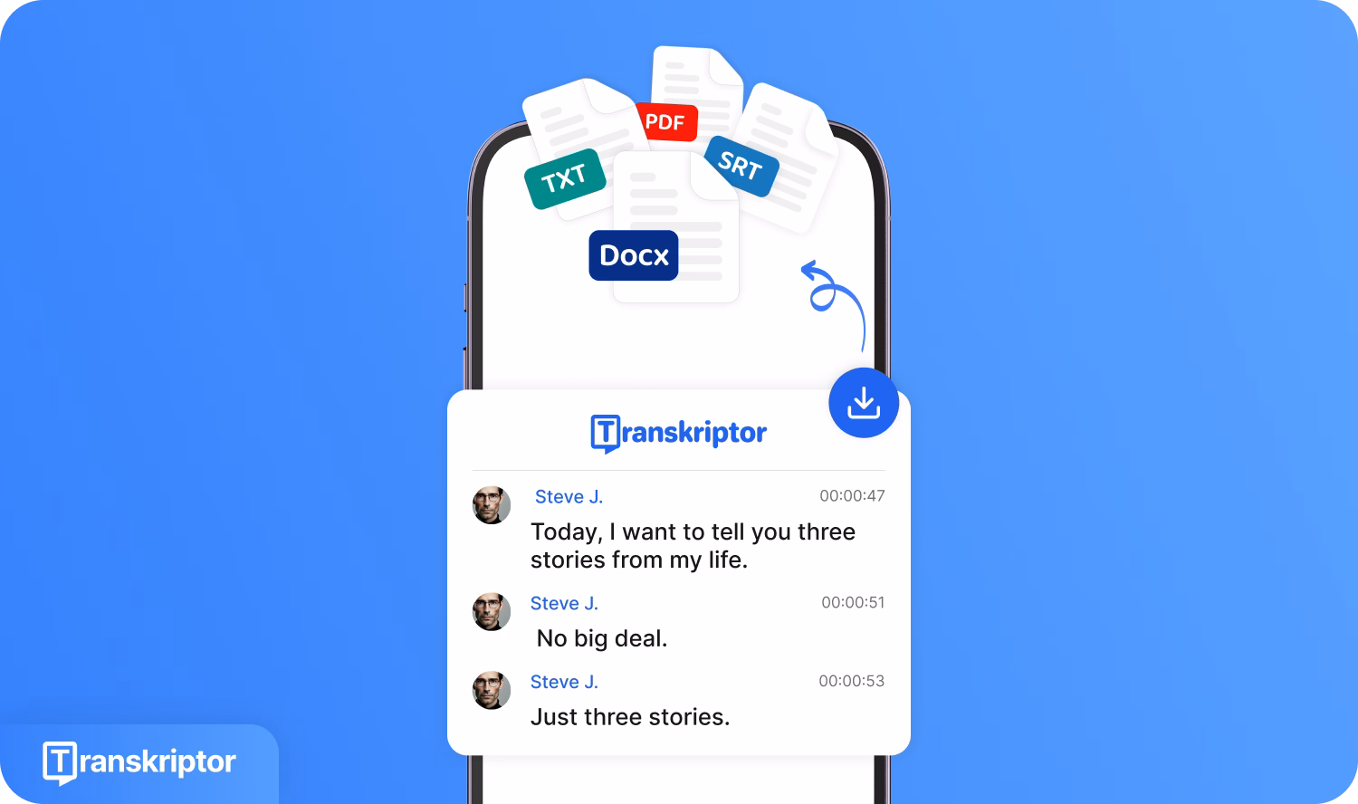 אפליקציית Transkriptor באייפון מציגה אפשרויות תמלול טקסט ופורמטים של קבצים.