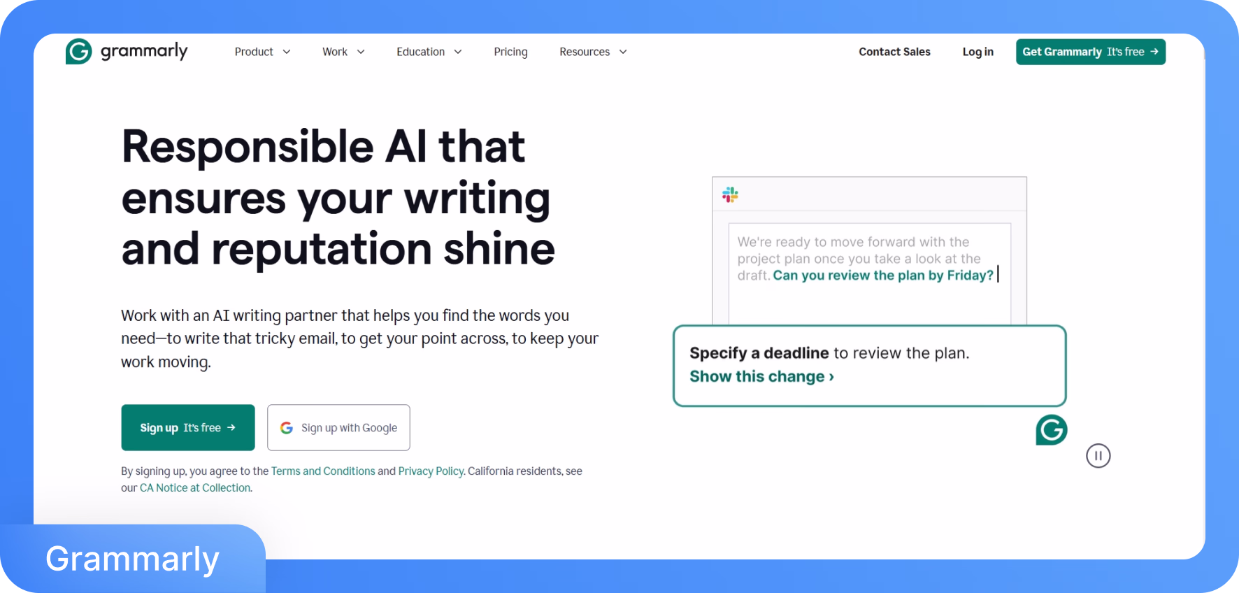 Interface Grammarly mettant en évidence les fonctionnalités d'IA responsable avec des suggestions d'édition de texte