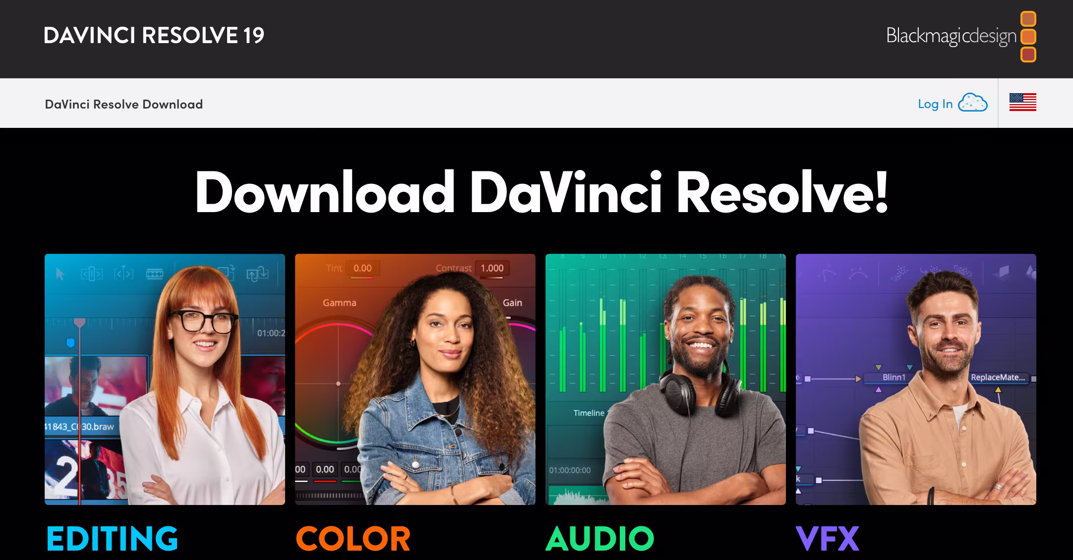 Halaman unduhan DaVinci Resolve 19 menampilkan opsi untuk pengeditan, koreksi warna, audio, dan VFX, digambarkan dengan individu tersenyum dan alat yang berwarna-warni.