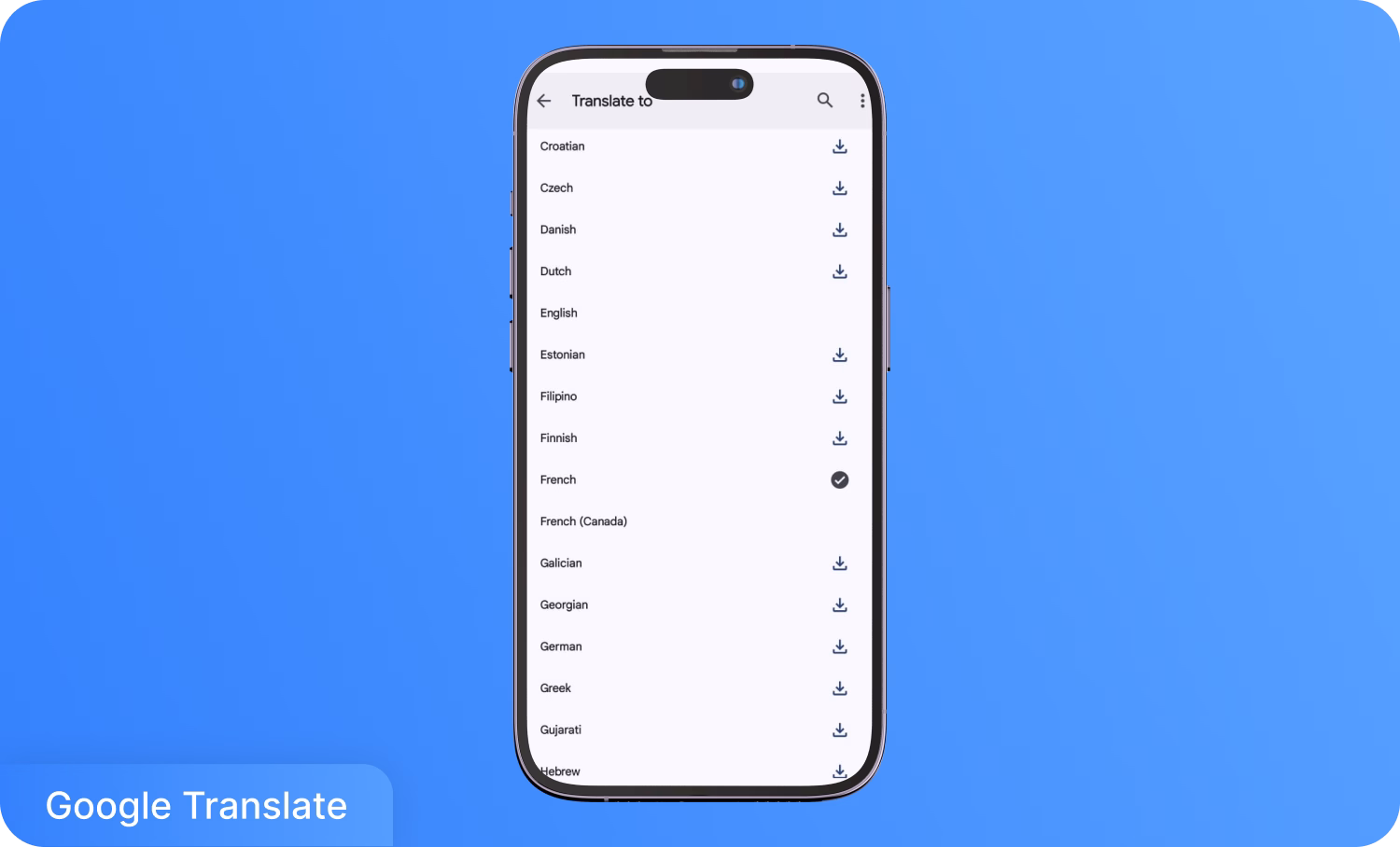 หน้าจอเลือกภาษาของแอป Google Translate บนสมาร์ทโฟน