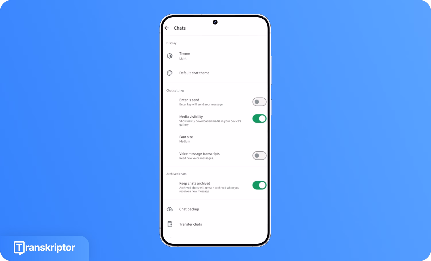 WhatsApp chat settings screen on a smartphone with Transkriptor logo.