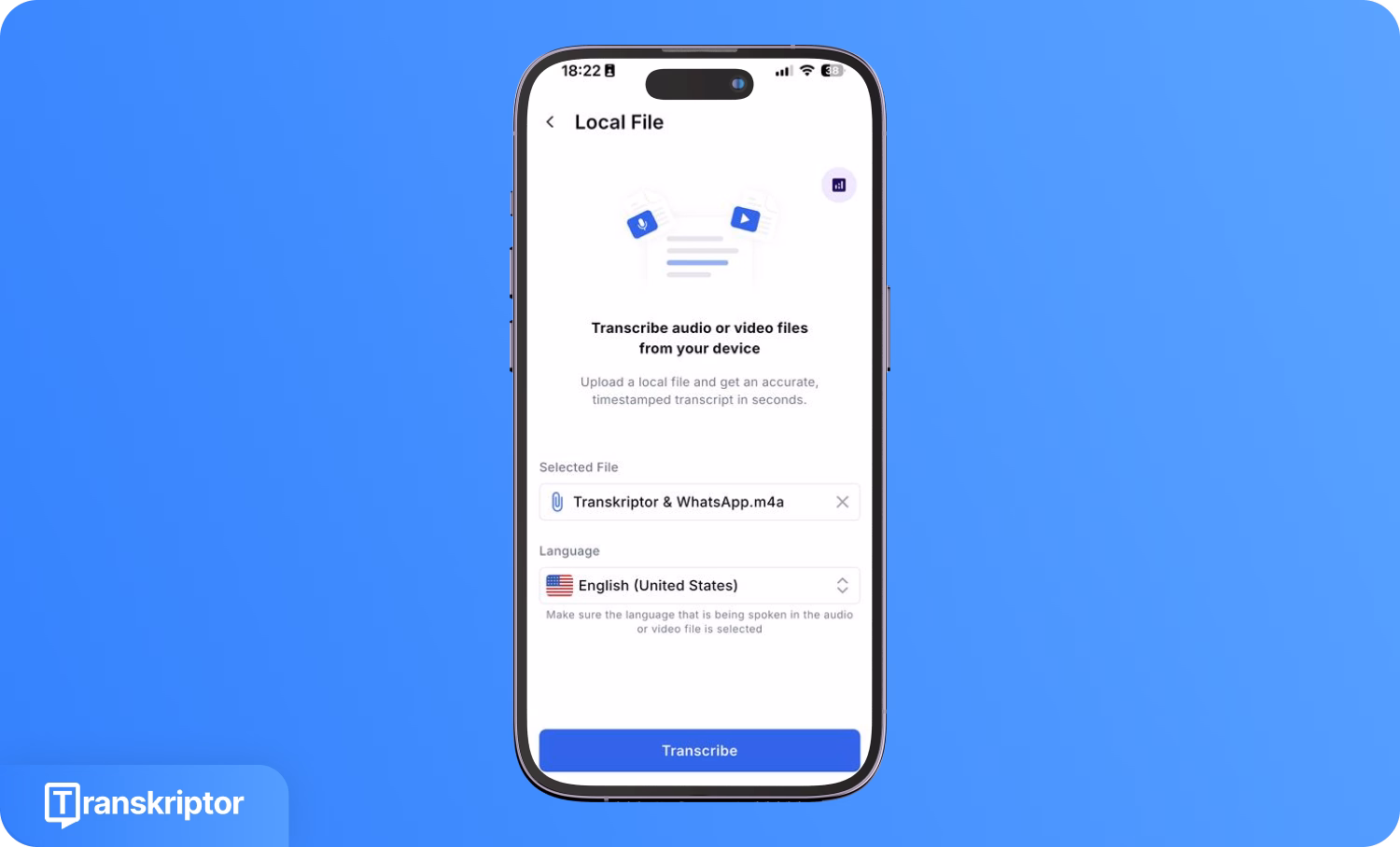 Використання Transkriptor для транскрипції аудіофайлу WhatsApp на смартфоні.