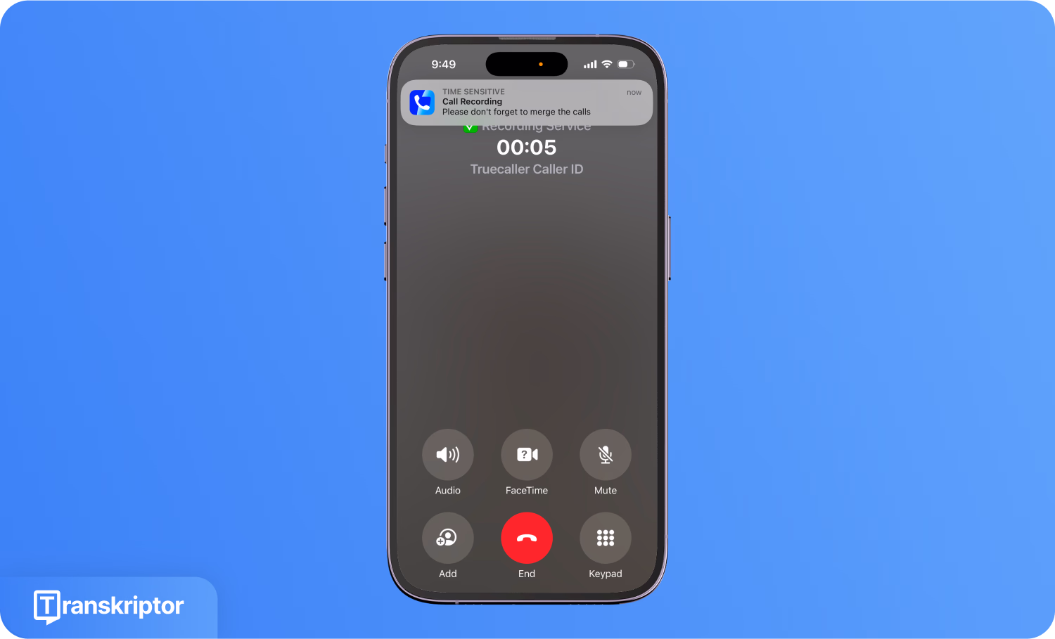 최소한의 통화 제어가 표시된 Truecaller 녹음 서비스 인터페이스