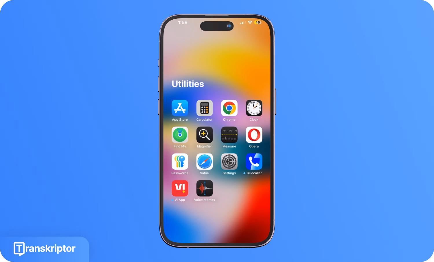 Экран iPhone с системными утилитами, включая приложения «Диктофон» и Transkriptor.
