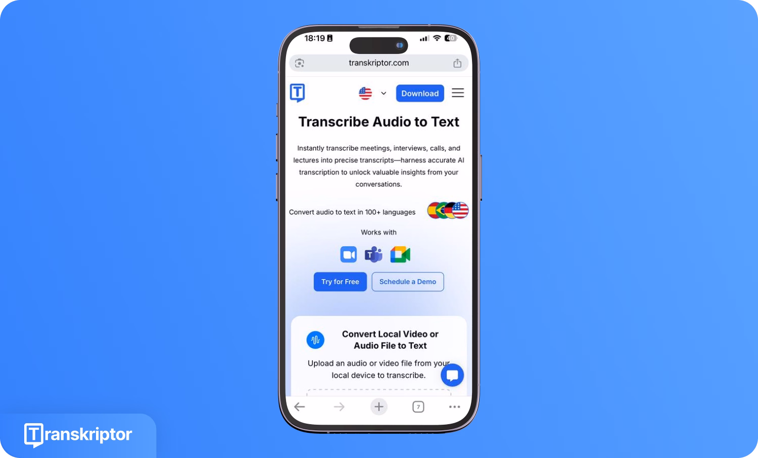 Інтерфейс додатку Transkriptor на смартфоні для транскрипції аудіо в текст.