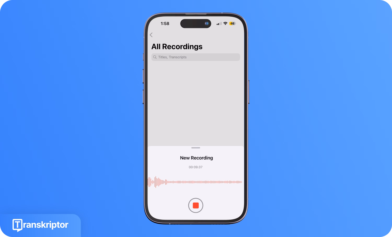 Интерфейс приложения Transkriptor на iPhone для транскрибации голосовых заметок.