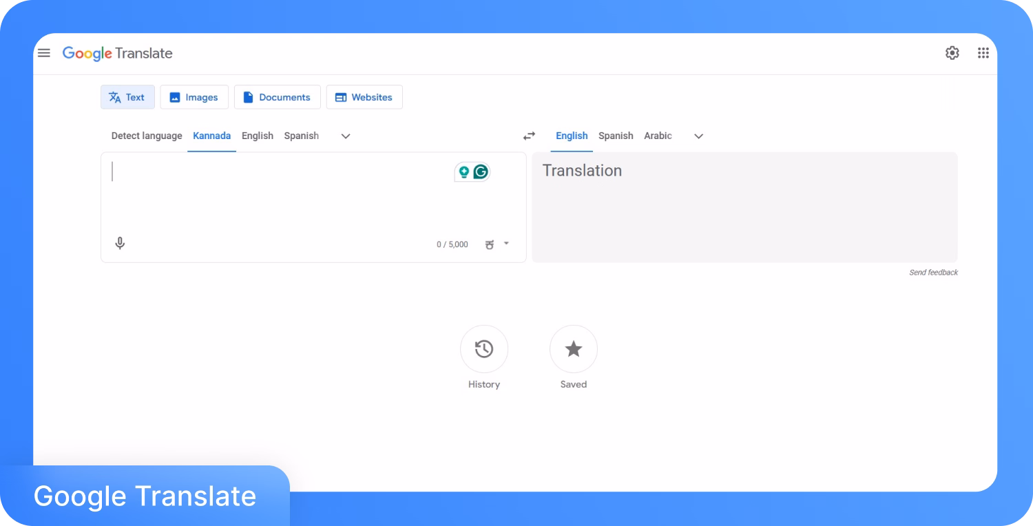 หน้าจอ Google Translate สำหรับการแปลงเสียงเป็นข้อความพร้อมตัวเลือกภาษา