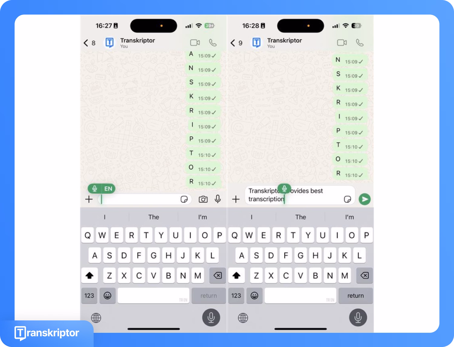 WhatsApp message being dictated using Transkriptor app on a smartphone.