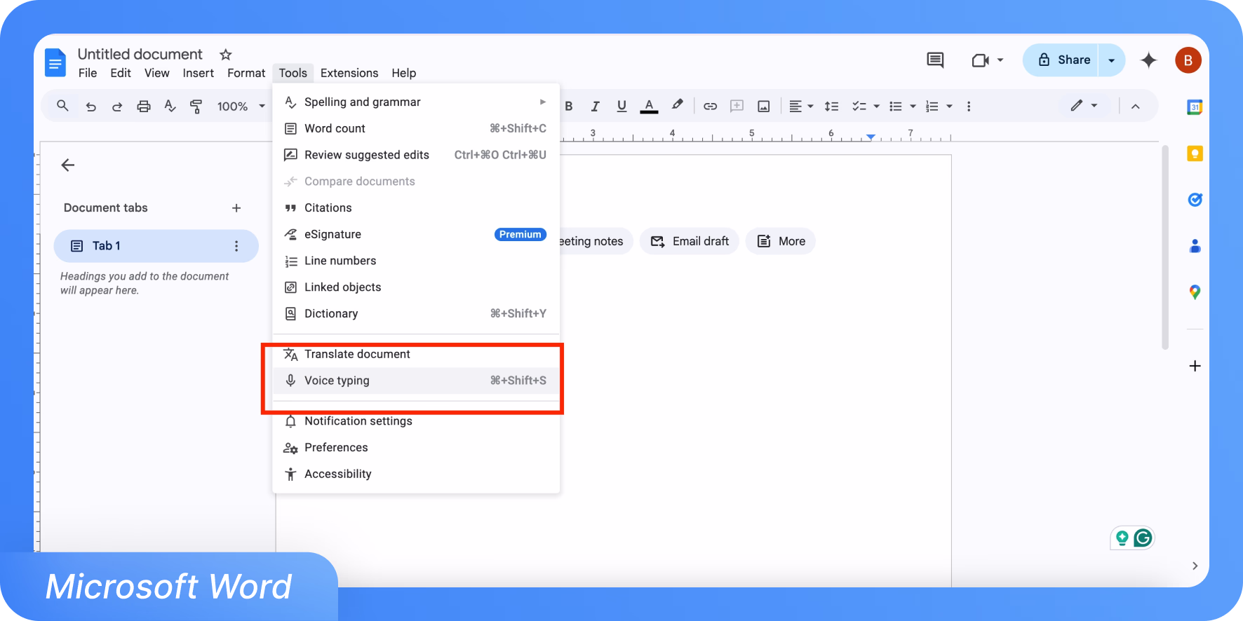 Google Docs Werkzeugmenü mit hervorgehobener Spracherkennungsoption und Tastenkombination