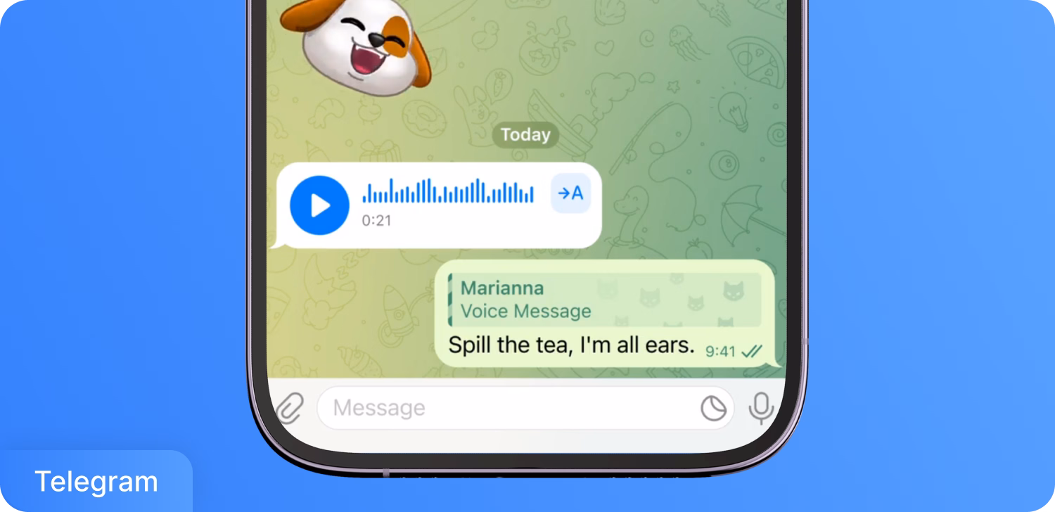 หน้าจอแชท Telegram แสดงข้อความเสียงพร้อมข้อความว่า 'เล่ามาเลยจ้า รอฟังอยู่'