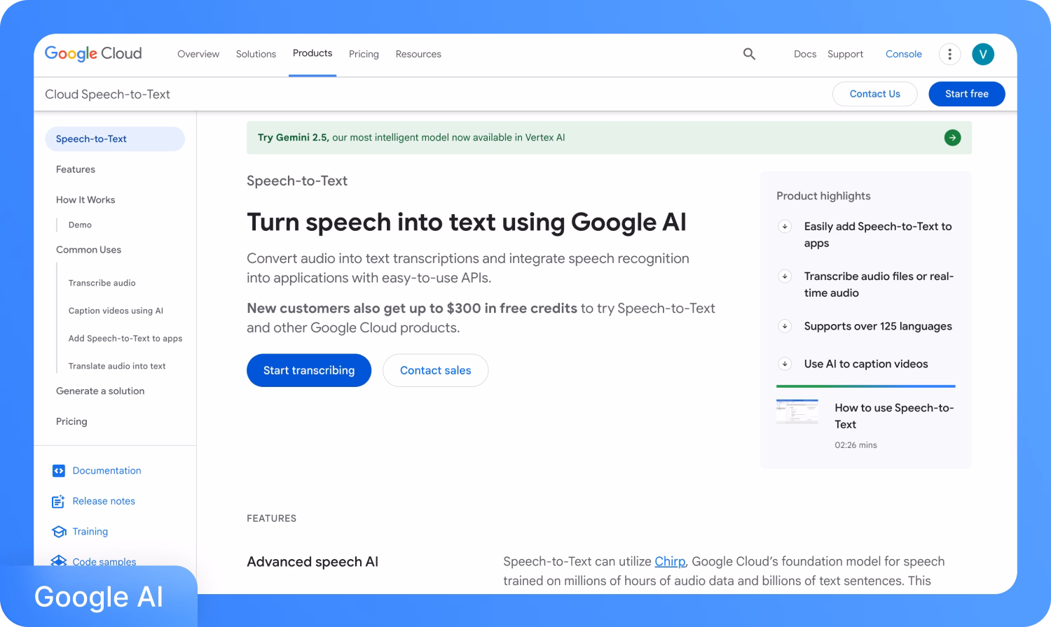 Interface Google Cloud Speech-to-Text pour convertir l'audio en texte à l'aide de l'IA.
