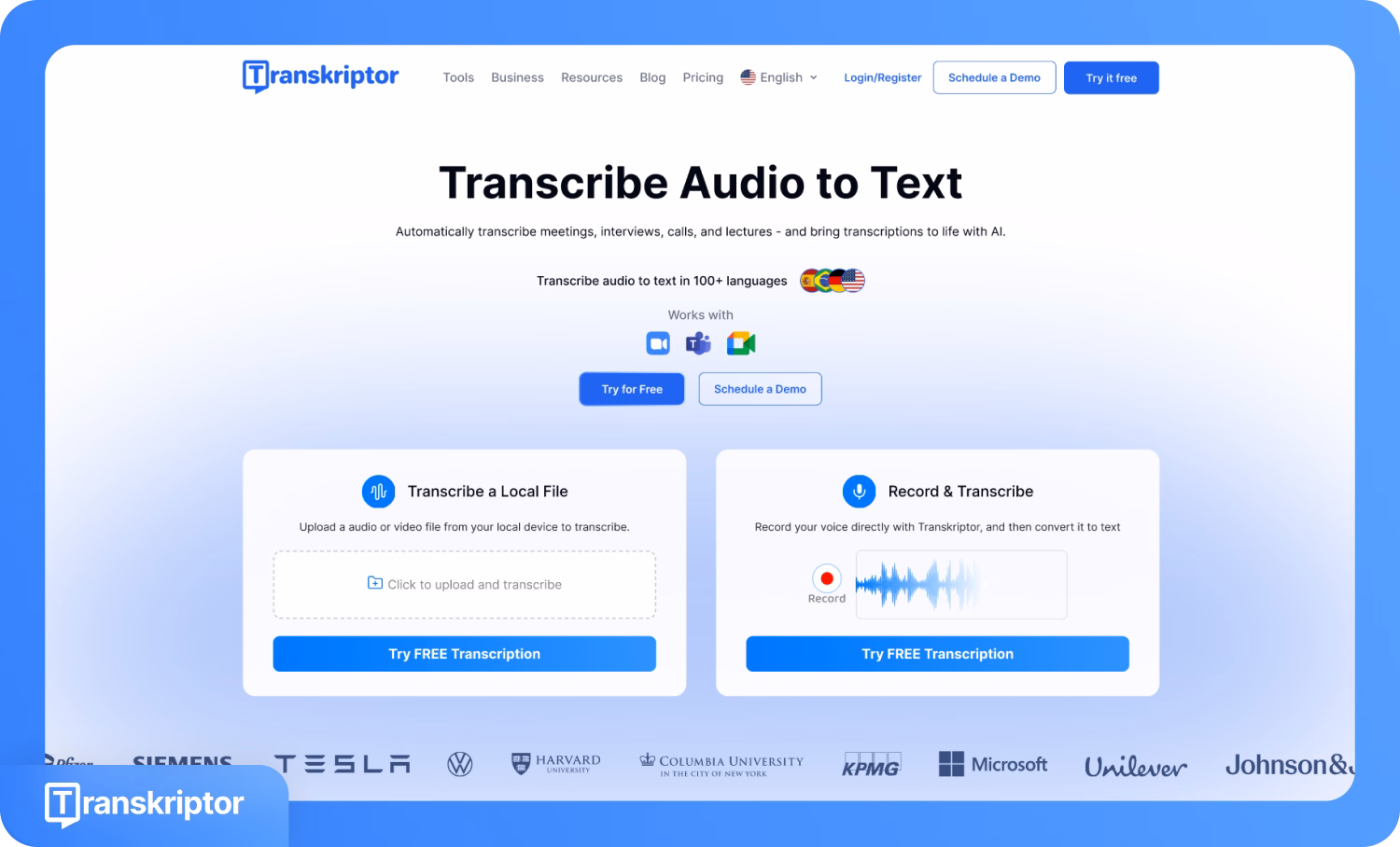 Domovská stránka Transkriptoru představující službu přepisování audia na text pomocí umělé inteligence.