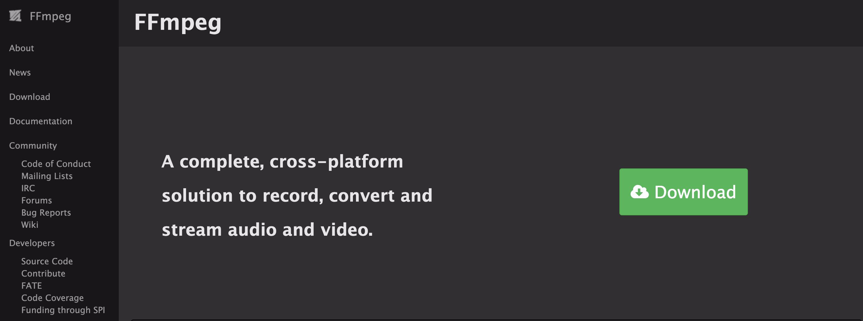 Halaman utama FFmpeg dengan teks yang menjelaskan solusi media lintas platform
