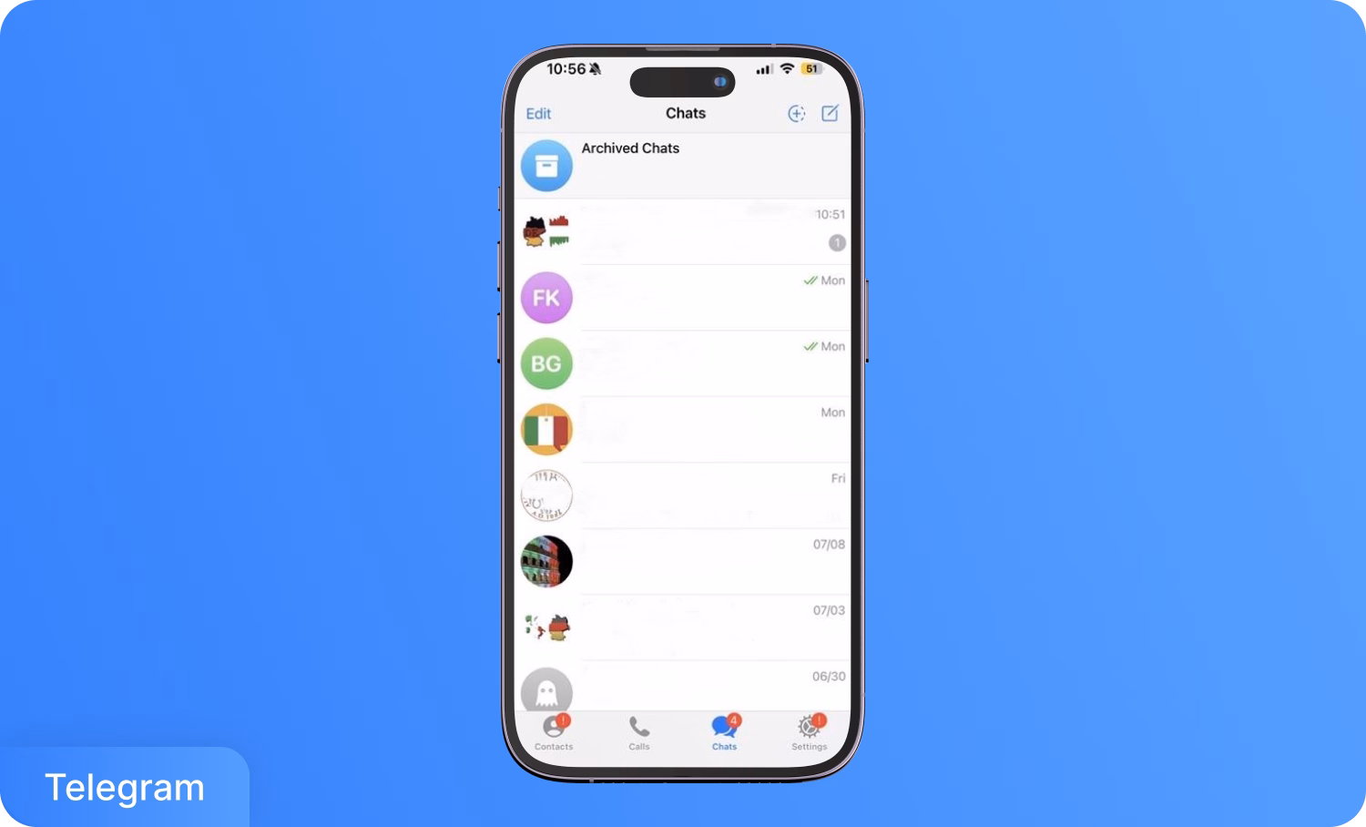หน้าแอป Telegram แสดงรายการแชทที่ถูกเก็บถาวรบนหน้าจอสมาร์ทโฟน