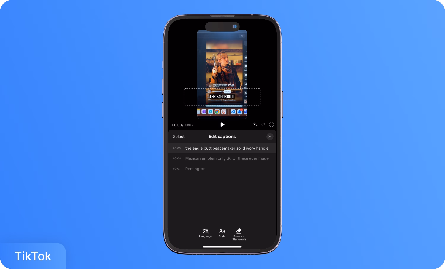 หน้าจอการแก้ไขวิดีโอ TikTok ที่แสดงตัวเลือกการแก้ไขคำบรรยายบนสมาร์ทโฟน