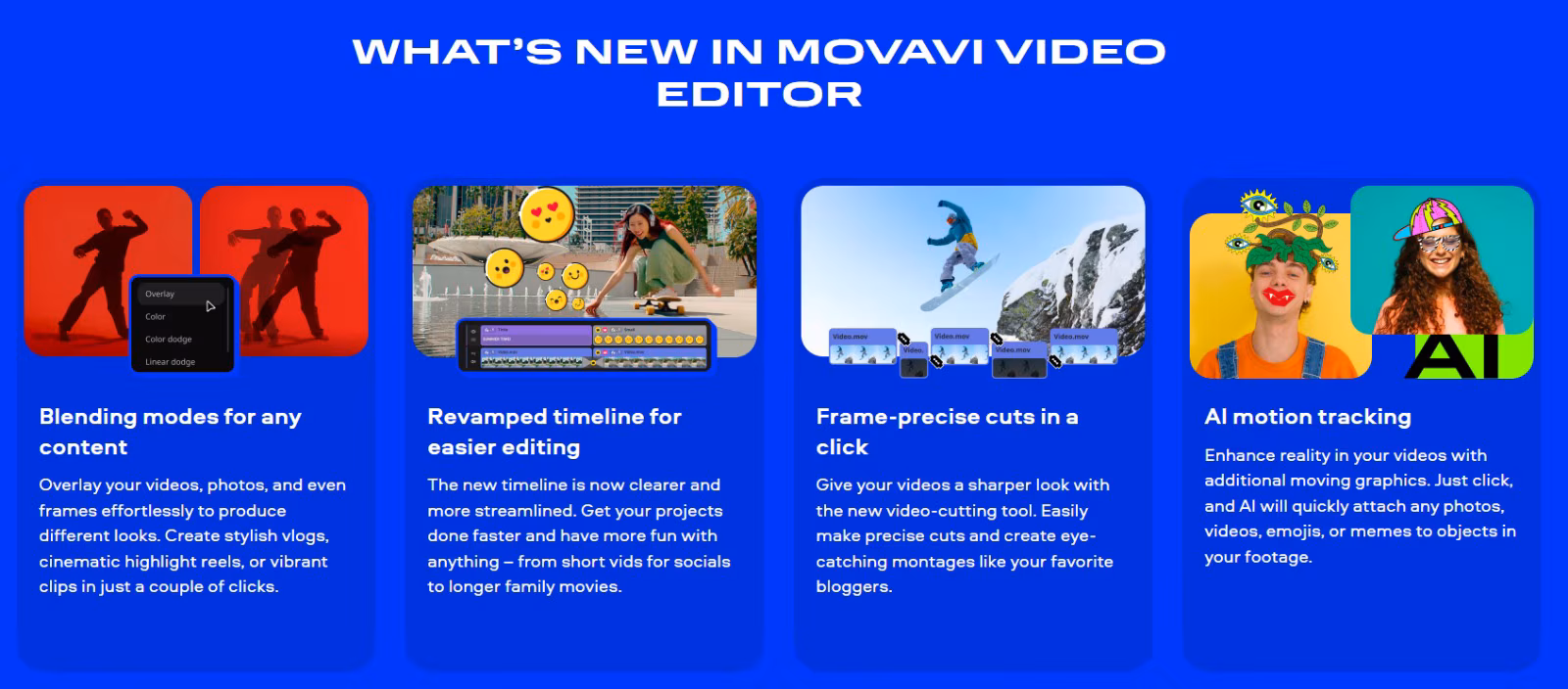 Présentation en quatre panneaux affichant différentes capacités d'édition vidéo