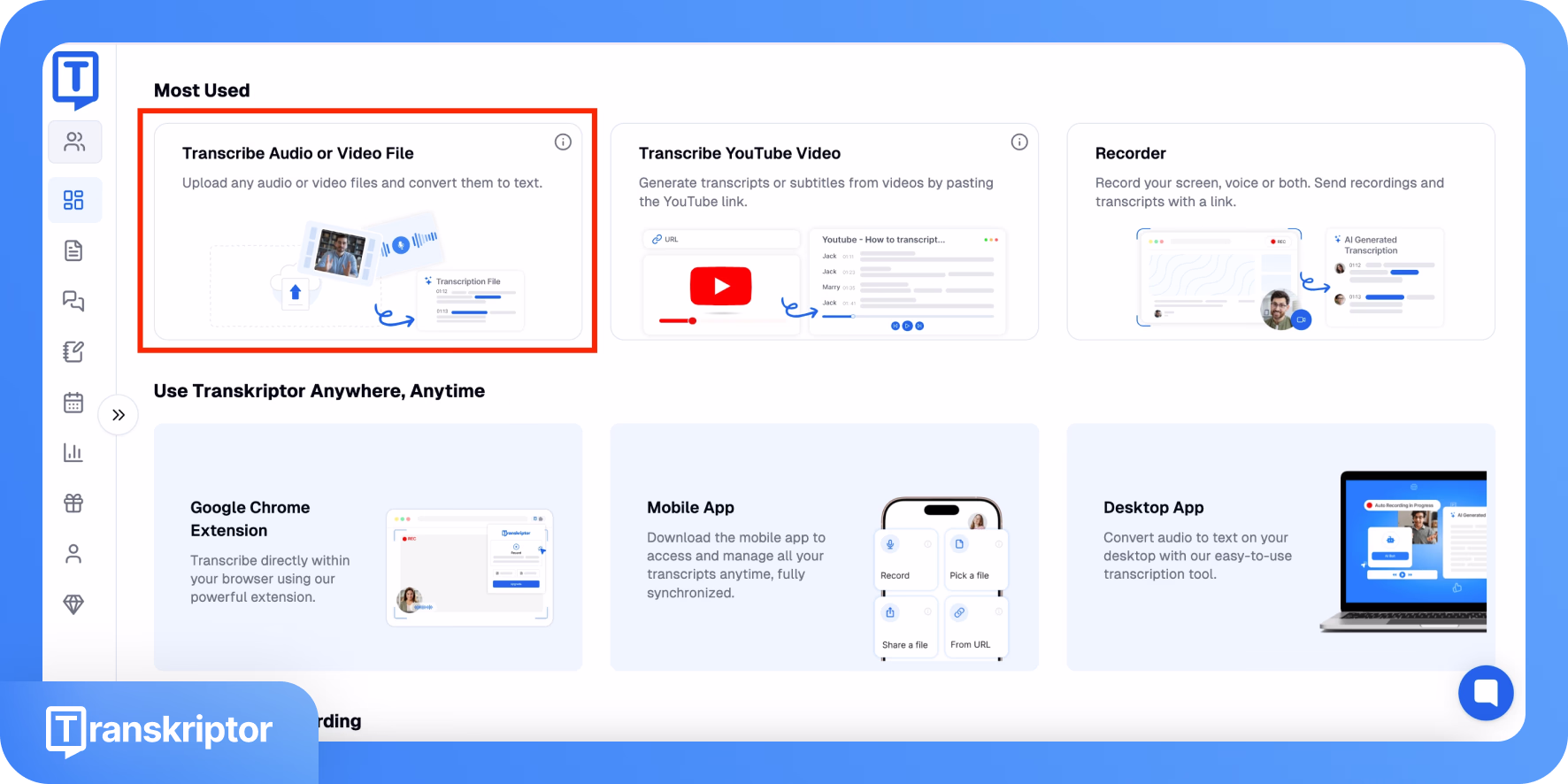 Transkriptor-Dashboard mit Audiodatei-Upload-Option und illustriertem Upload-Prozess