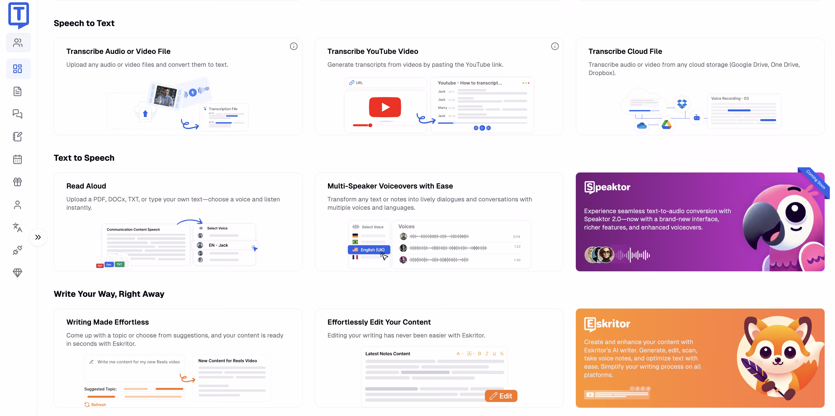 Interfaccia che mostra opzioni di speech-to-text con caricamento file, YouTube e capacità di archiviazione cloud