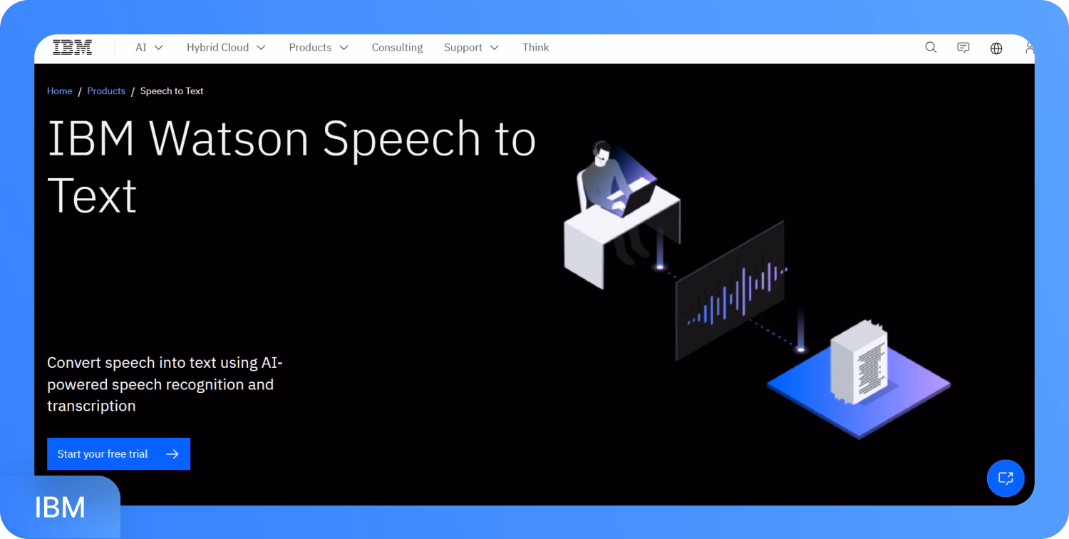 Interface de l'outil de transcription IBM Watson Speech to Text alimenté par l'IA.