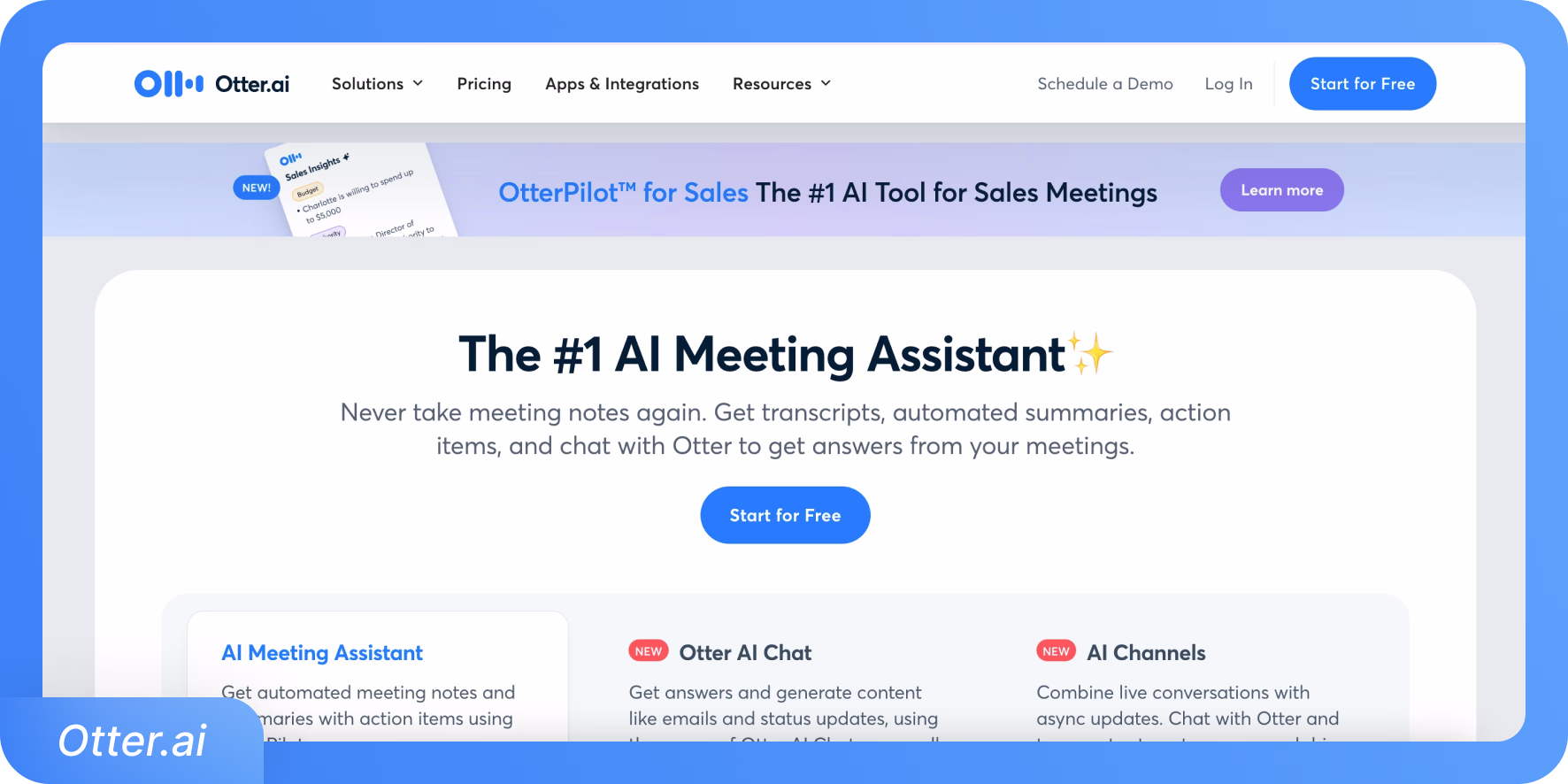 Otter.ai-Startseite mit KI-Meeting-Assistentenfunktionen für Transkription