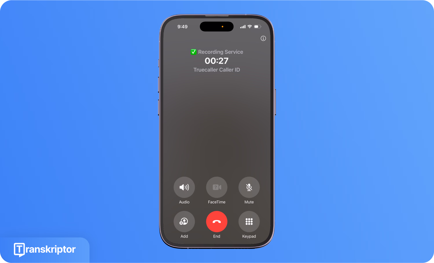 타이머와 Truecaller 발신자 ID가 표시된 녹음 서비스 활성 통화 인터페이스