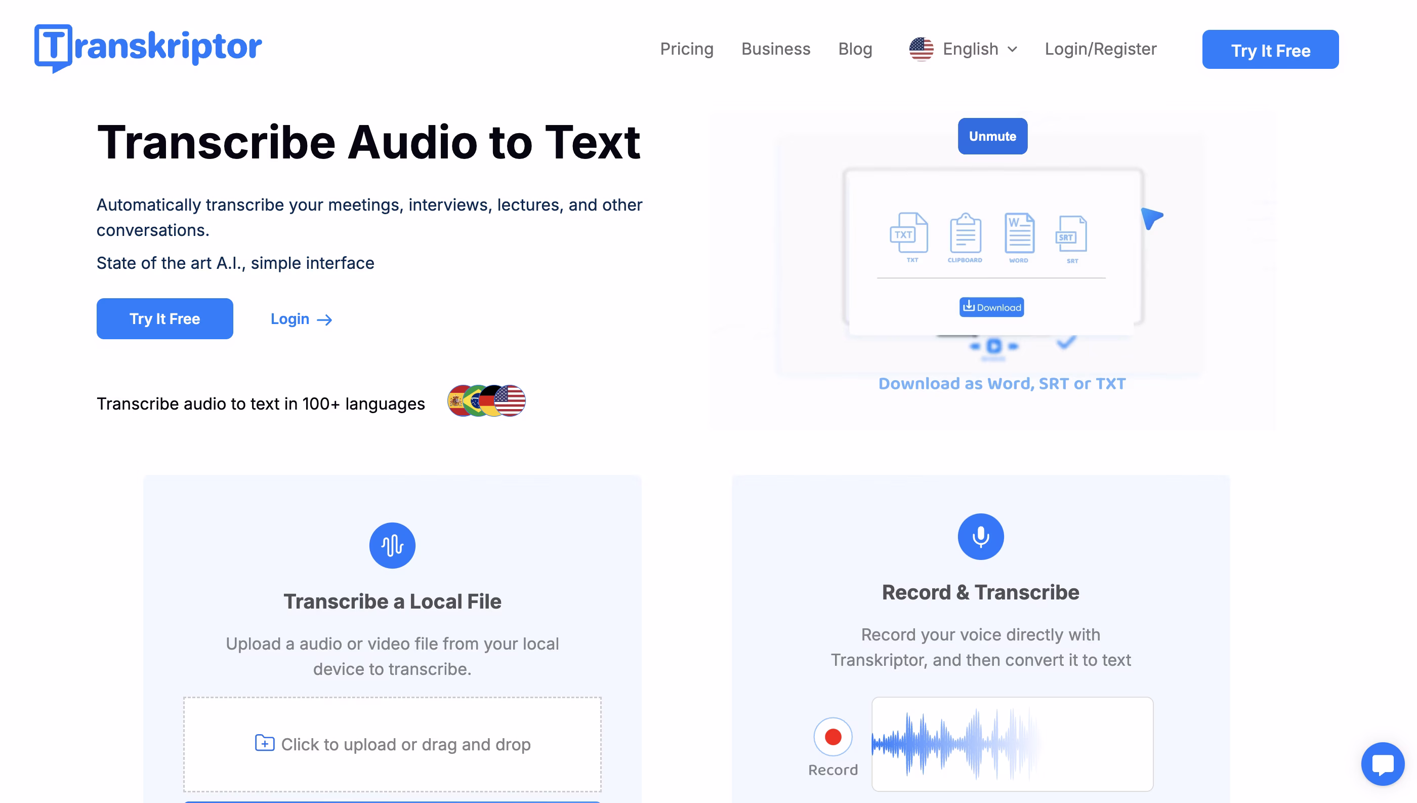 Interfaccia della homepage di Transkritor che mostra funzionalità di trascrizione audio