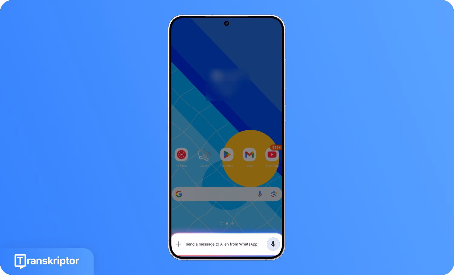 Смартфон, що відображає продиктоване повідомлення у WhatsApp за допомогою Transkriptor.