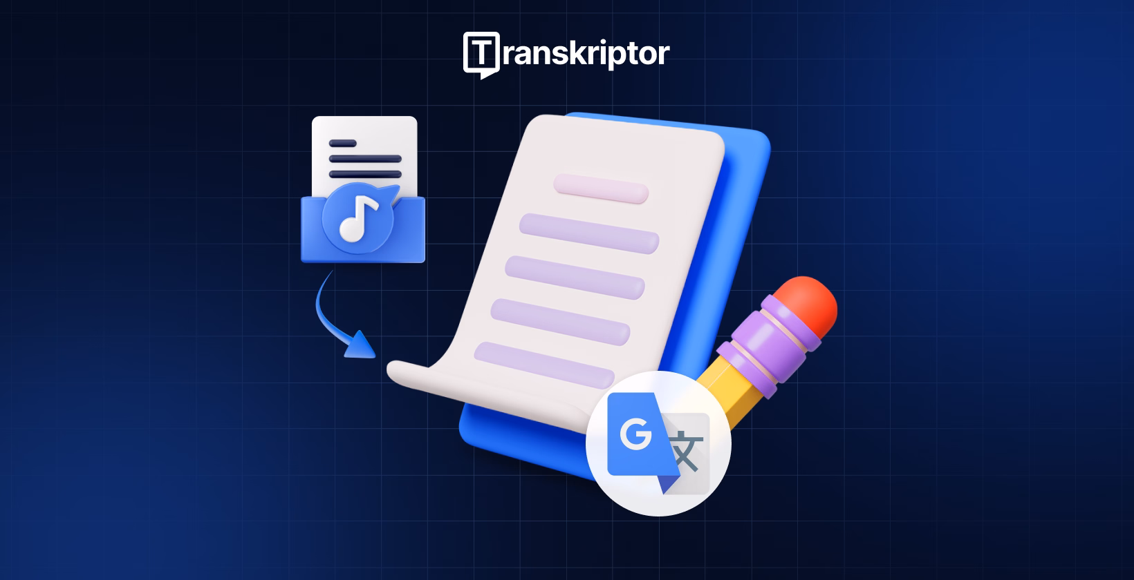 หน้าจอถอดความของ Transkriptor แสดงการแปลงเสียงเป็นข้อความพร้อมการใช้งานร่วมกับ Google Translate
