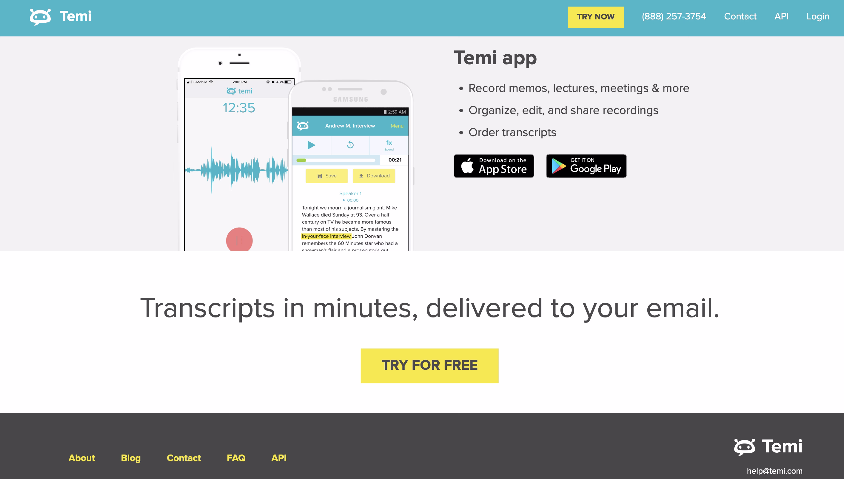 Temi मोबाइल ऐप इंटरफ़ेस जो स्मार्टफोन स्क्रीन पर रिकॉर्डिंग और प्रतिलिपि सुविधाओं को दिखाता है