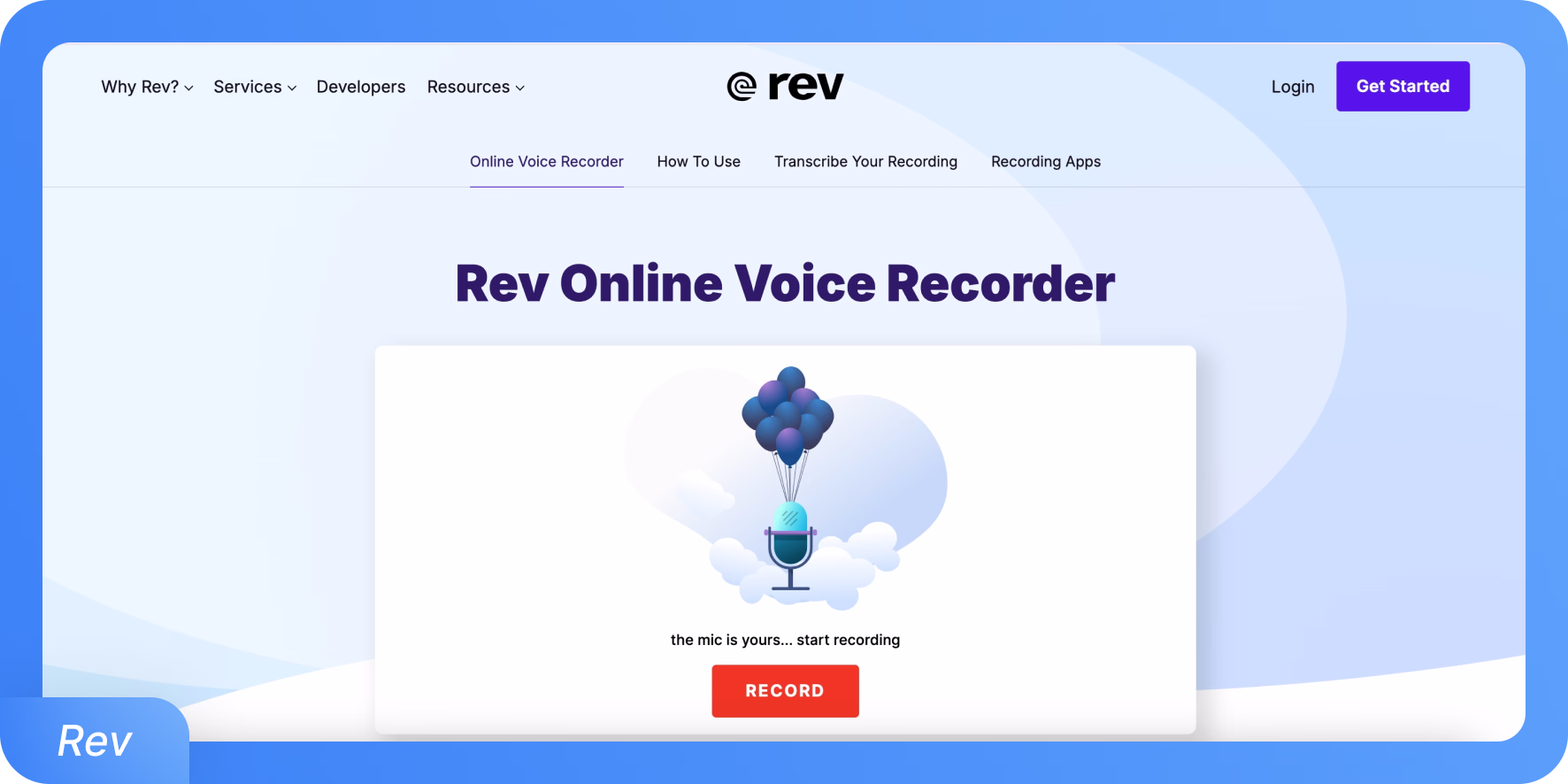 Rev-Website mit Online-Sprachaufzeichnungstool und Cloud-Illustration