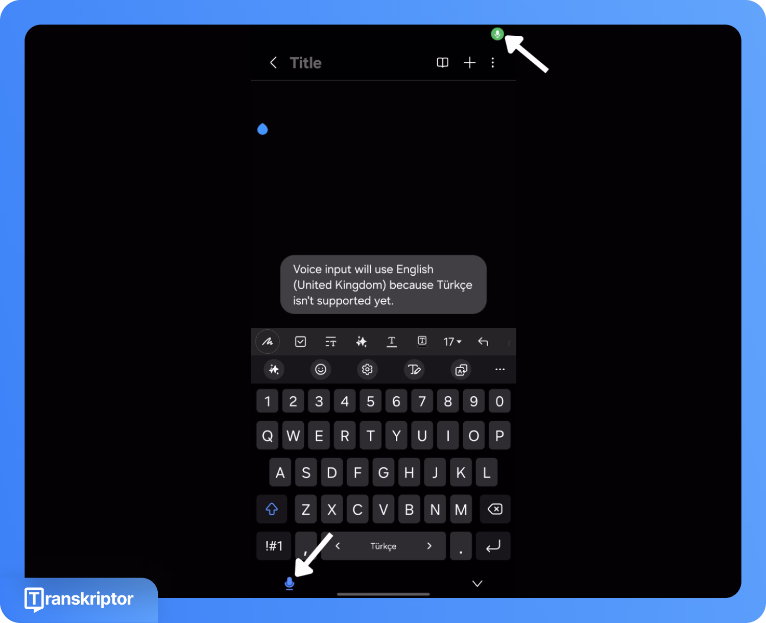 Samsung klaviatūros sąsaja su balso įvesties pranešimu ir paryškintu mikrofono mygtuku