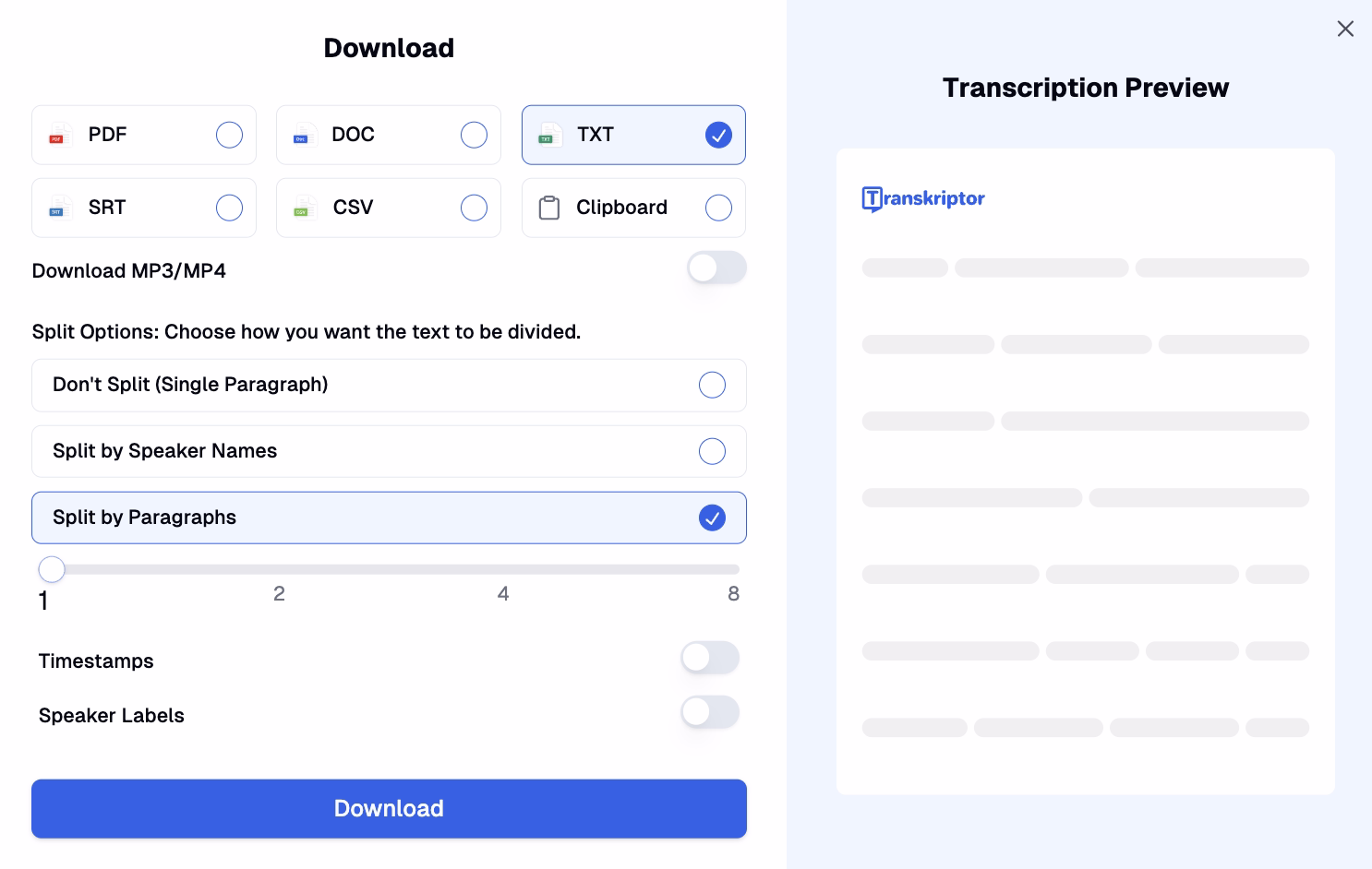 Painel de opções de download exibindo várias escolhas de formato de arquivo e configurações de divisão de parágrafos