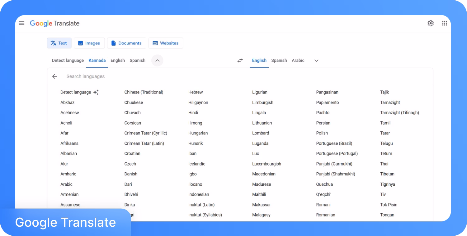อินเทอร์เฟซของ Google Translate แสดงตัวเลือกภาษาสำหรับการแปล