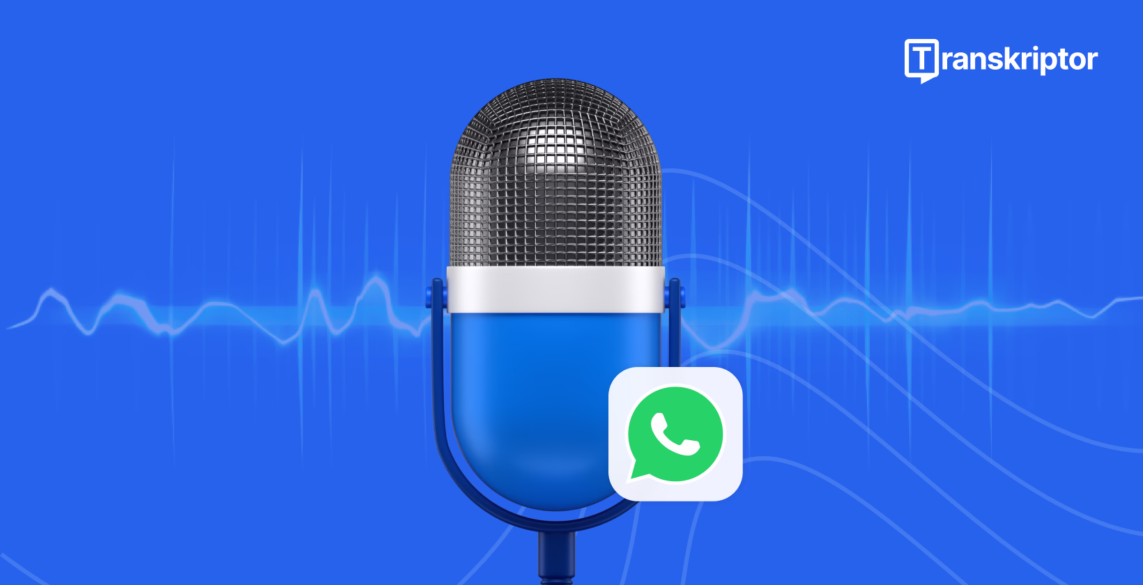 Professional microphone with WhatsApp logo and blue sound waves on gradient background