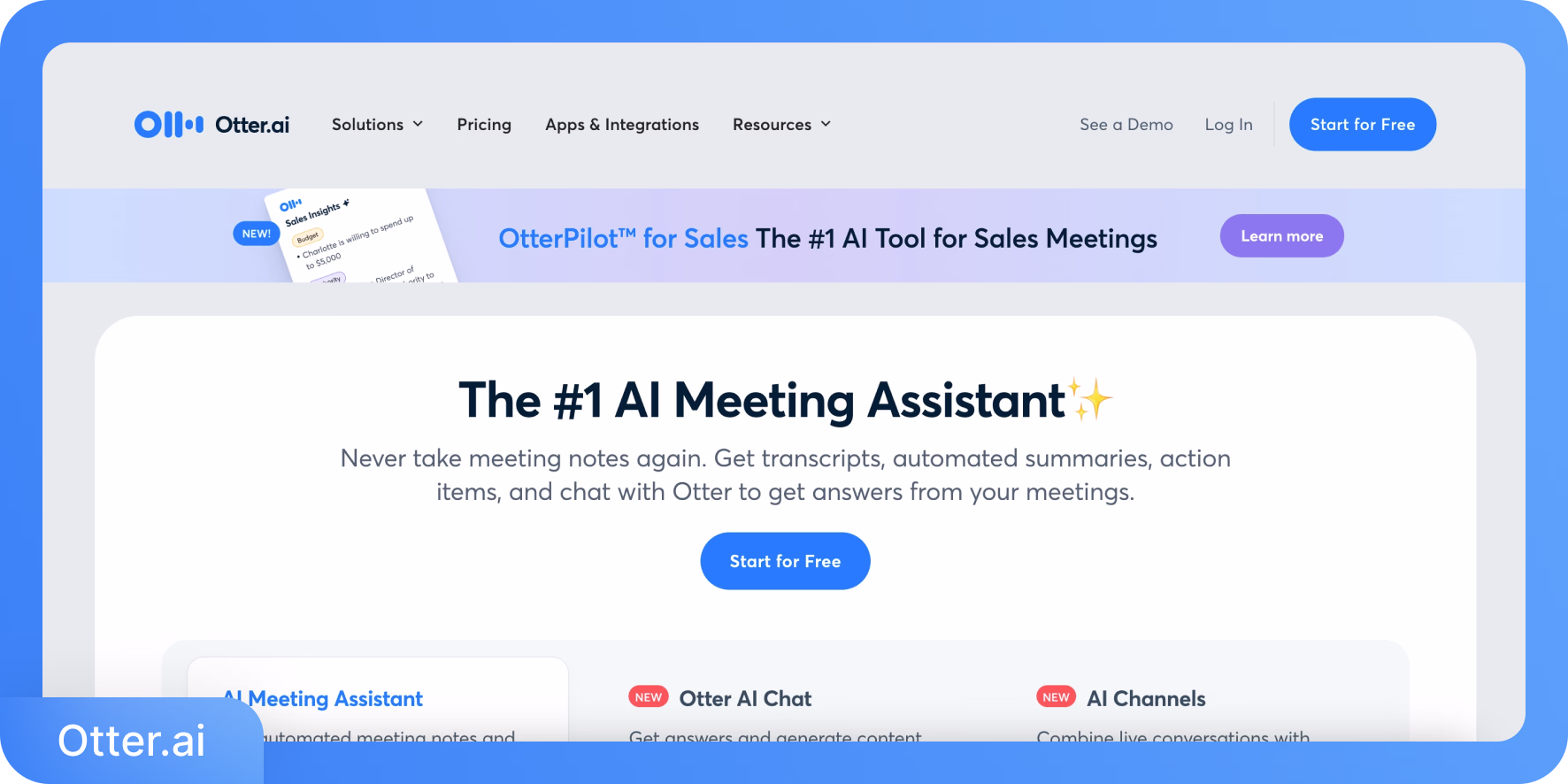 الصفحة الرئيسية لـ Otter.ai تعرض منصة مساعد الاجتماعات بالذكاء الاصطناعي مع ميزات المبيعات
