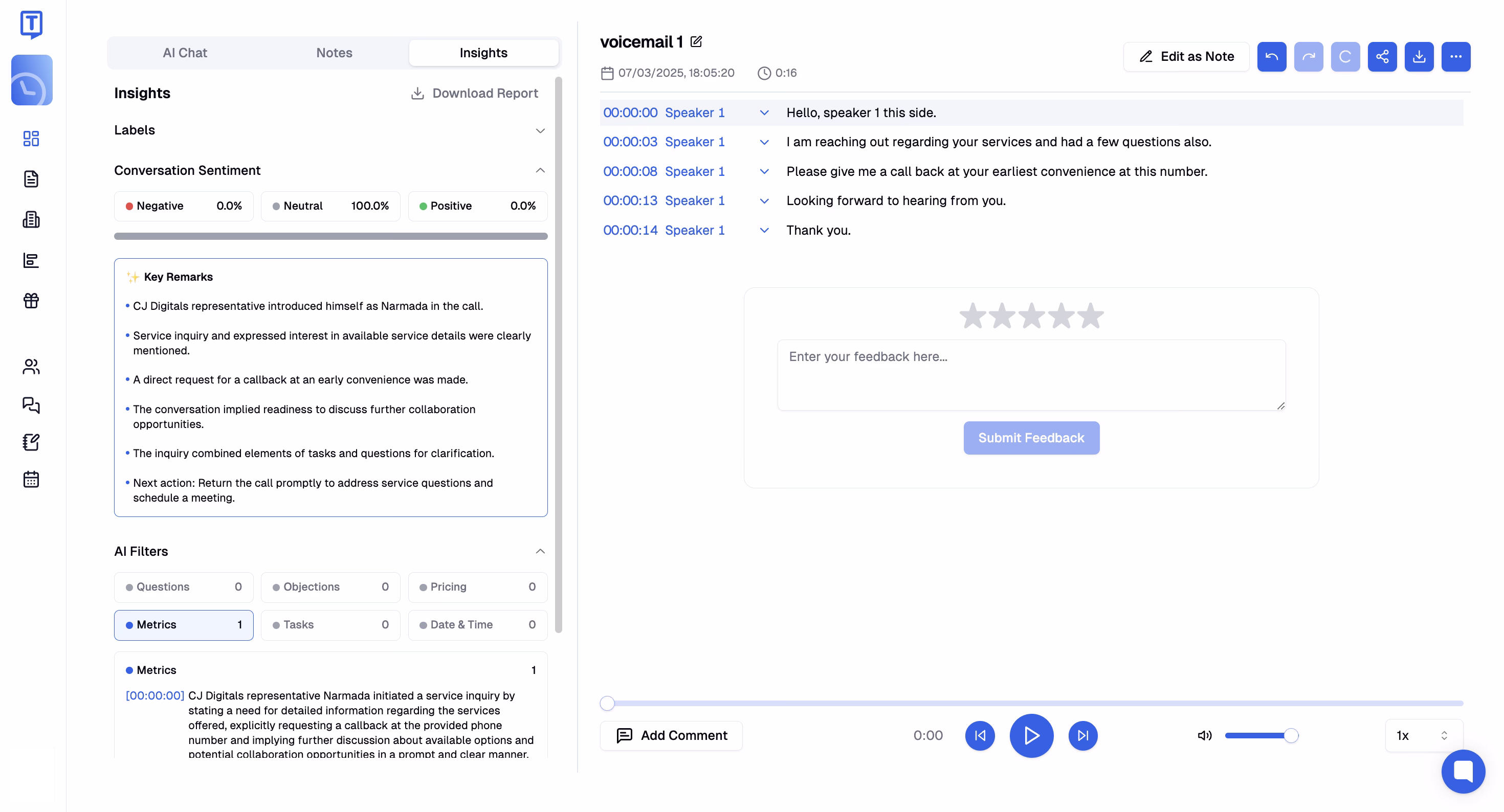 Painel de análise de conversas do Transkriptor mostrando mensagem de voz transcrita com avaliação de sentimento