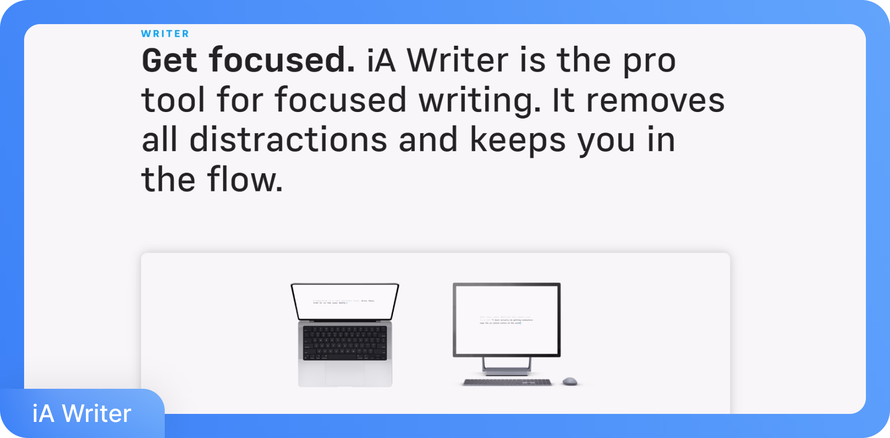 Interface minimaliste d'iA Writer montrant un ordinateur portable et un bureau avec des environnements d'écriture épurés
