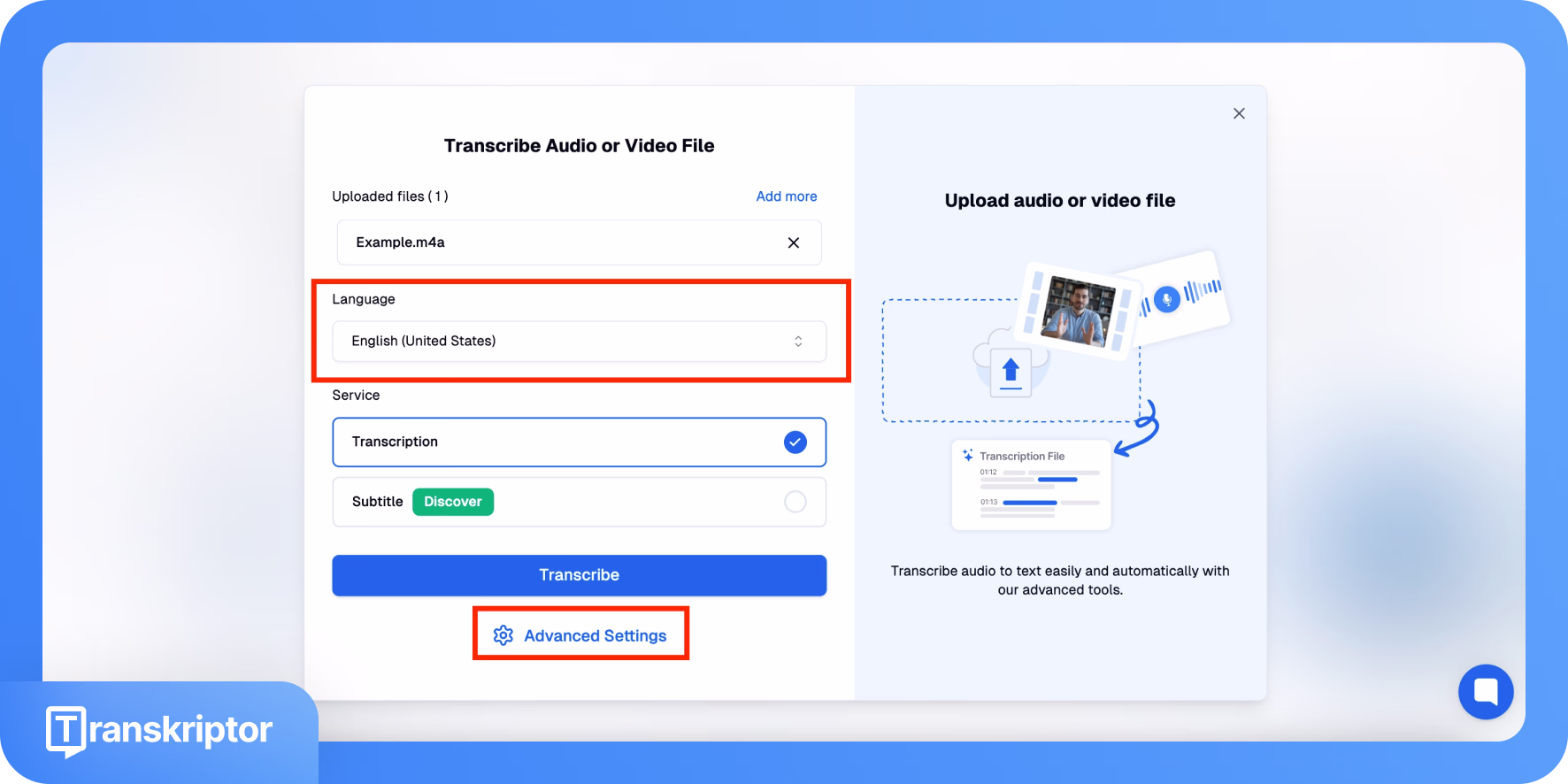 واجهة خدمة النسخ تعرض اختيار اللغة والإعدادات المتقدمة