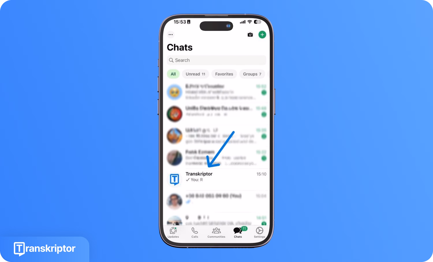 WhatsApp chat screen on a phone with Transkriptor highlighted.