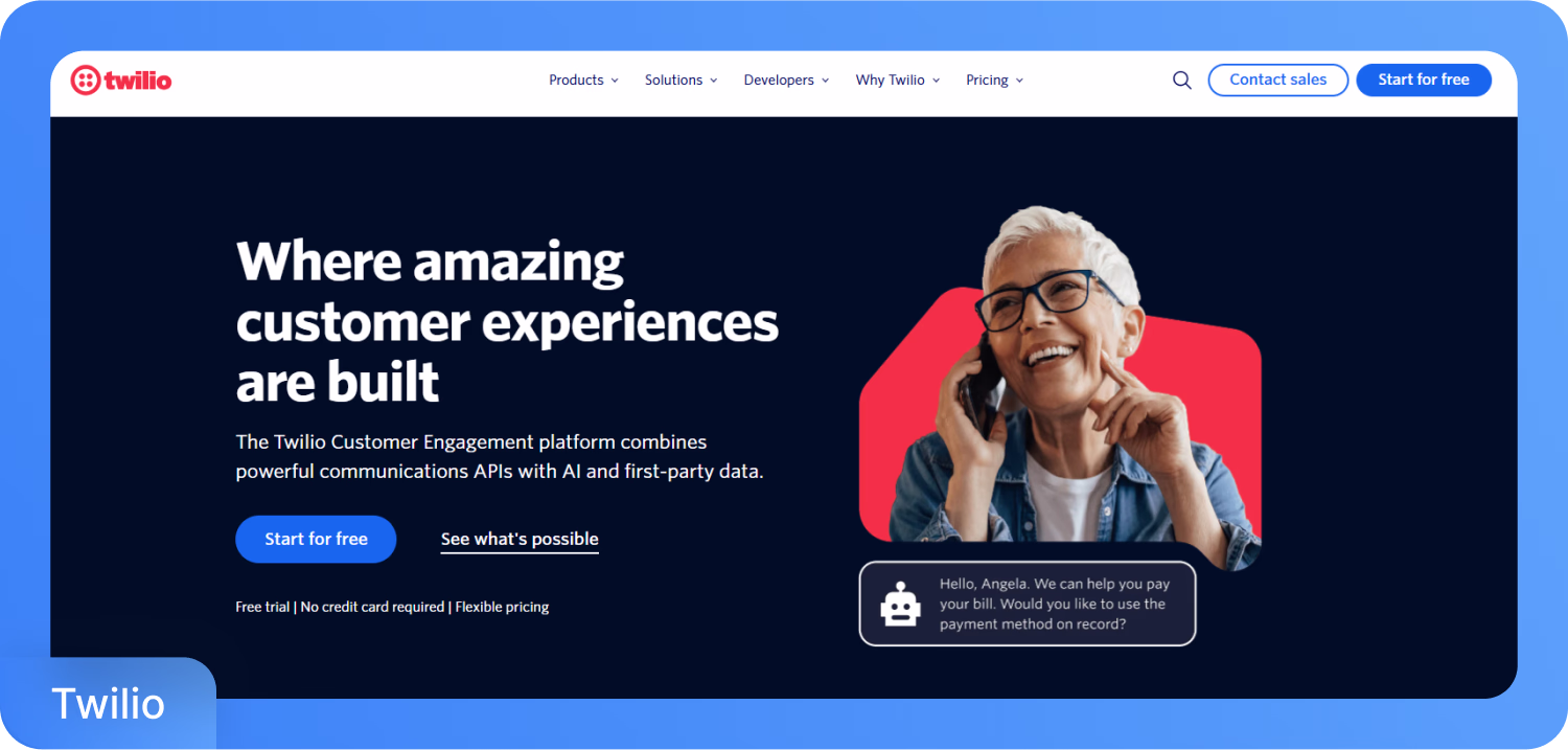 פלטפורמת מעורבות לקוחות של Twilio עם ממשקי API לתקשורת ואינטגרציית בינה מלאכותית