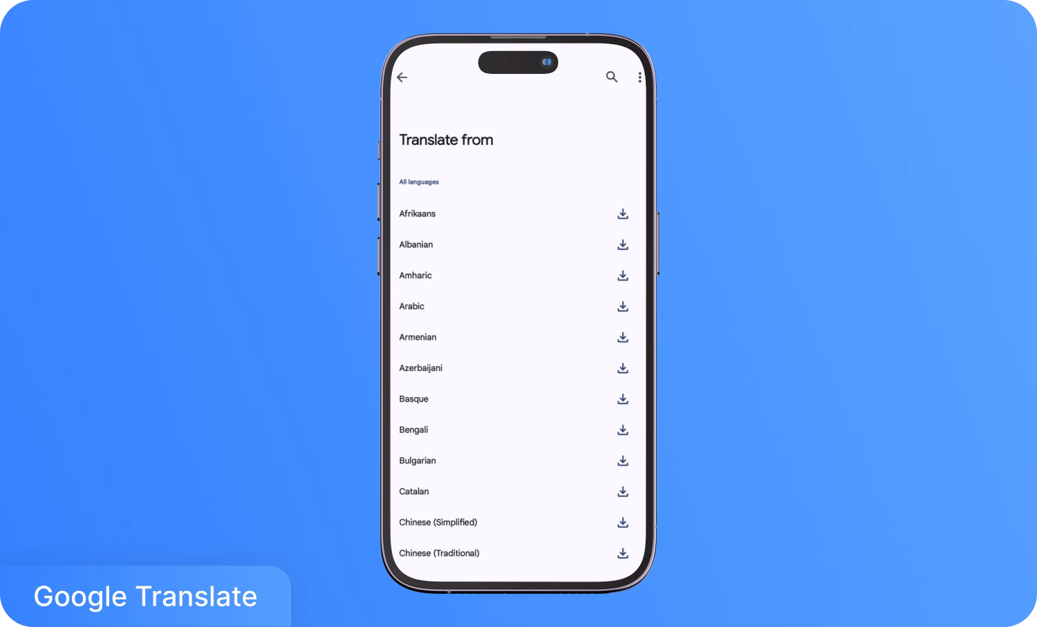 หน้าจอแอป Google Translate บนสมาร์ทโฟน แสดงการเลือกภาษาสำหรับการแปลงเสียงเป็นข้อความ